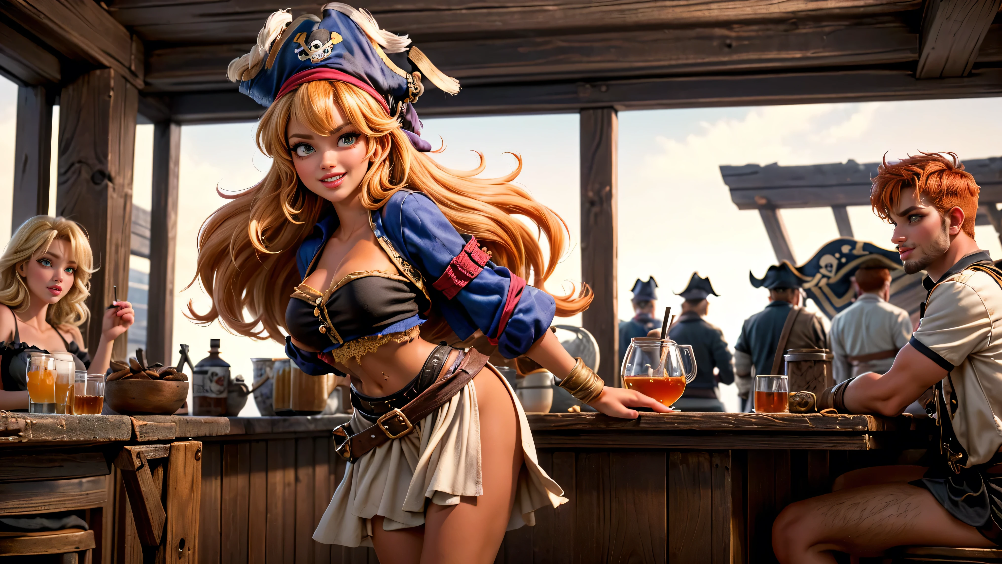 ((tavern and brothel filled with men)), ((1 redheaded tavern wench serving drinks to old pirates)), ((messy hair, orange hair)), ((1 serving girl)), ((solo girl)), ((ager)), ((loli)), ((littlegirl)), ((Smiling)), ((little)), ((dark tan skin)), ((cute girl)), ((she is serving the pirates)), ((pirates are lusting after the girl)), ((pirates are large burly men)), ((pirates have dark hair)), ((men have blonde hair)), ((men wearing pirate cloths)), ((unshaven pirates)), ((she walks to the tables carrying tankards)), ((the men can't help but stare at her beauty as she walks by)), old tavern, pirate tavern, pirates holding and drinking tankards of ale,
