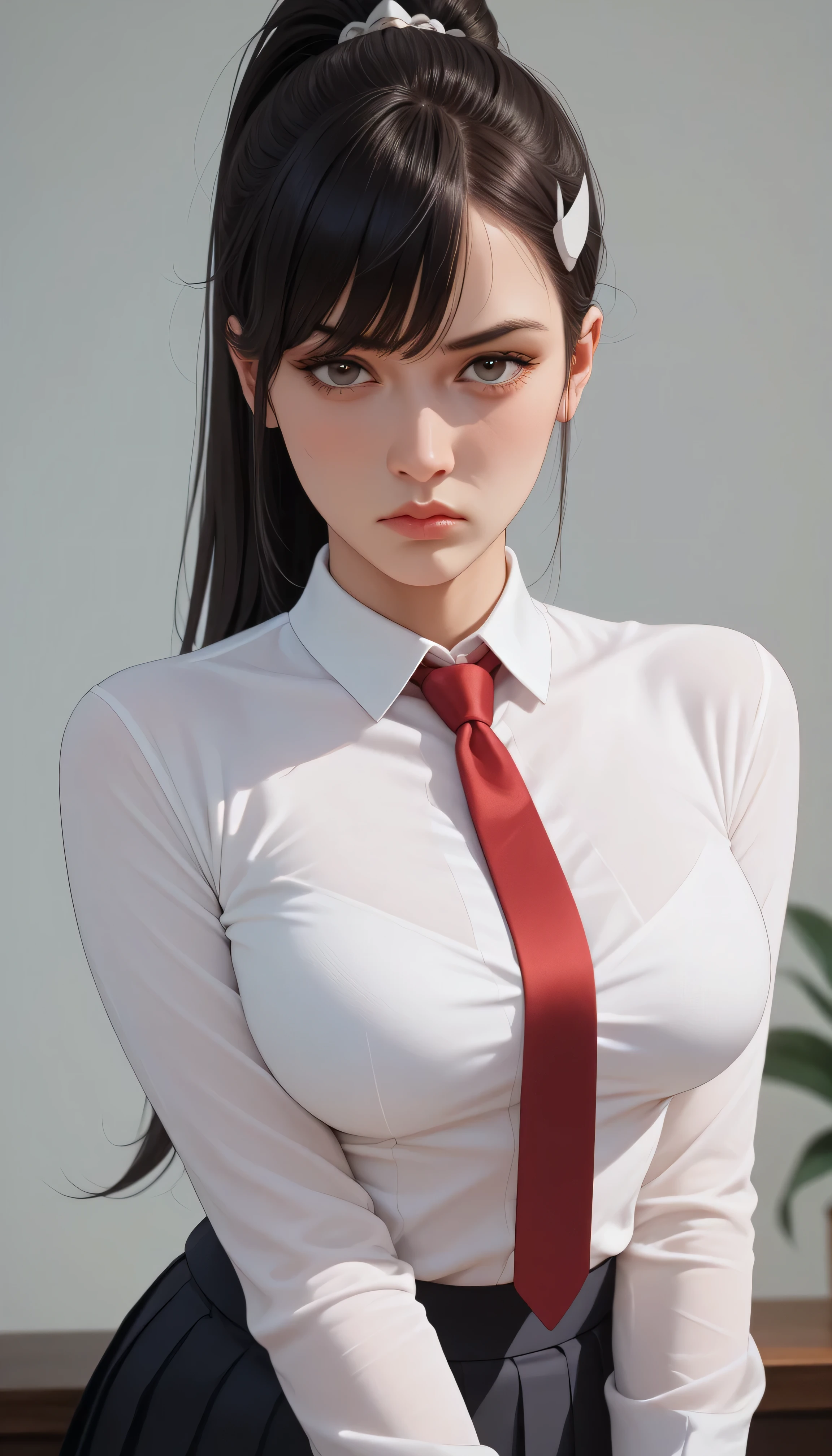 beautiful woman with medium breasts, long black ponytail hair with bangs and hairpin, looking at viewer, annoyed expression, half body portrait, wearing tight white long sleeve shirt and red neck tie, wearing black pleated skirt
