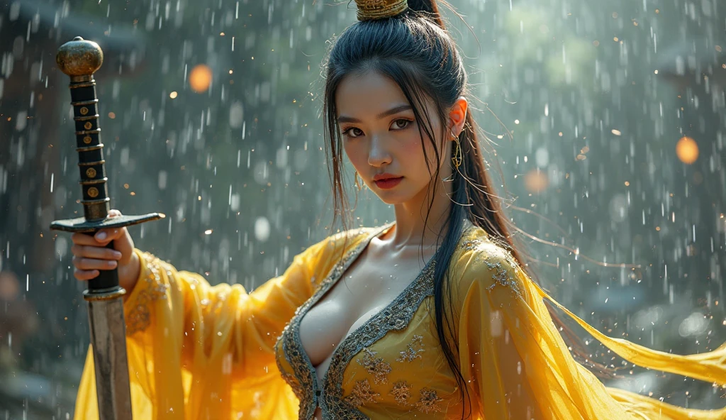 (medium breasts)、top-quality、masterpiece、超A high resolution、(Armor of the Yellow Dragon)、(((medium tits))),dragon armor、(((Detailed Micro Bikini))),(Wearing a beautiful crown made of jewels),(Photorealsitic:1.4)、Raw photo、女の子1人、(((Random hair))、(((Take different poses)))、glowy skin、(((Chinese Dragon)))、Intricate and ornate hair ornaments、(Gorgeous Jewelry Necklaceystical expression)、(Fight big dragons)、With a beautiful knife、(Metal bikini)、((beautiful lake background)),(beautiful forest background)、Precipitous cliffs、(ruins background)、((super realistic details))、portlate、globalillumination、(sexypose)、Shadow、octan render、8K、ultrasharp、medium tits、Raw skin exposed in cleavage、metals、Details of complex ornaments、Japan details、highly intricate detail、Realistic light、CGSoation Trendlue eyes、radiant eyeacing the camera、Precipitous cliffs、Toostock、()、(veils)、(((light medium))),