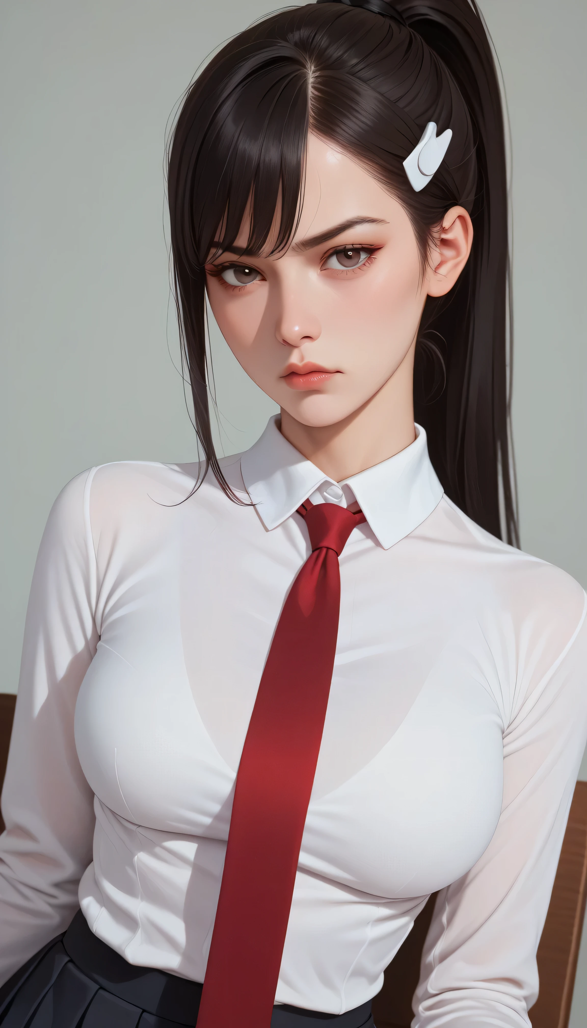 beautiful woman with medium breasts, long black ponytail hair with bangs and hairpin, looking at viewer, annoyed expression, half body portrait, wearing tight white long sleeve shirt and red neck tie, wearing black pleated skirt