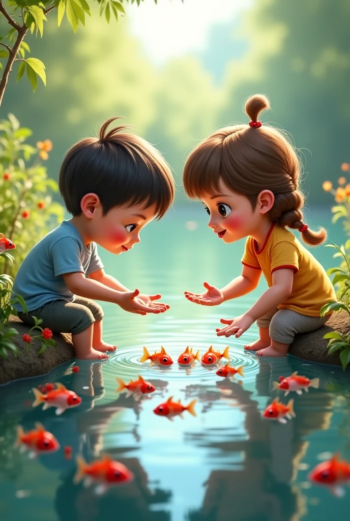 The boy Pablo invited her to join the girl Lucia, and together they made more ships, Filling the puddle with small boats.