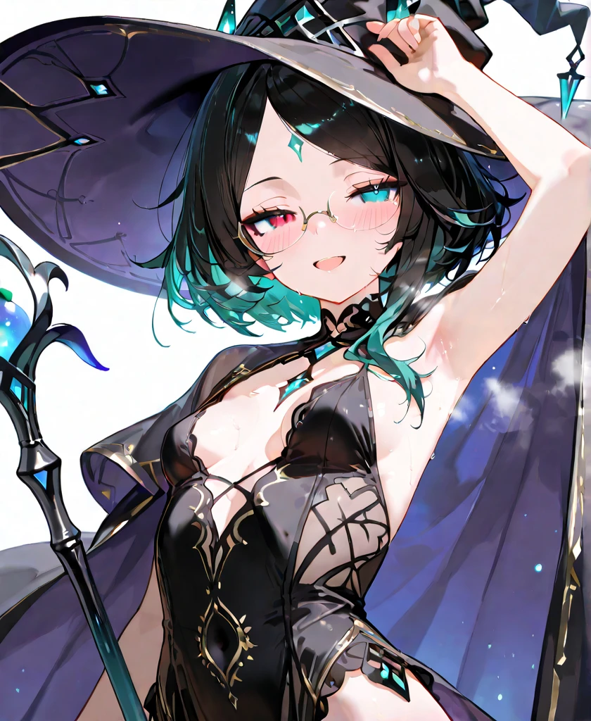((Best masterpiece, Perfect quality, Ultra detailed)), A witch girl, With skinny body, With small breasts, Wearing goth robe, Giggling