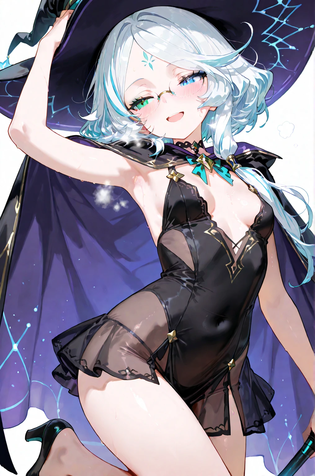 (MASTERPIECE), (Best Quality), (Ultra Detail), Official Art, One Girl, Light-Colored Hair Loli, Petite Girl, Fairy Loli, See-Through Robe, Small Breasts, Cleavage, Off Shoulder, Underboob, Side Boob, Thigh Focus, Navel Out, Card Illustration, Deep Forest Fountain