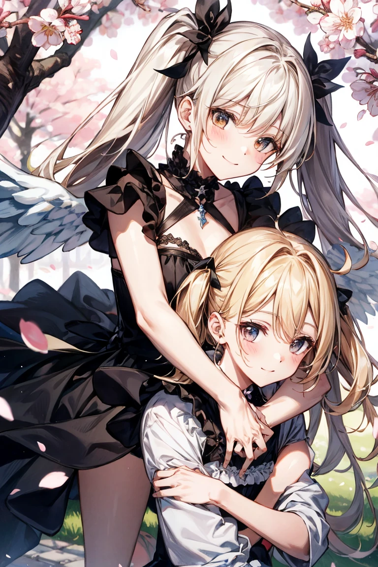 top quality, pastel painting, gentle atmosphere, twin girl angel, cute, white wings, smiling happily, brown short hair of different colors, one with blue eyes, one with green eyes, dresses of different colors, flower hair ornament, upper body, looking at the viewer, space, meteor, light,