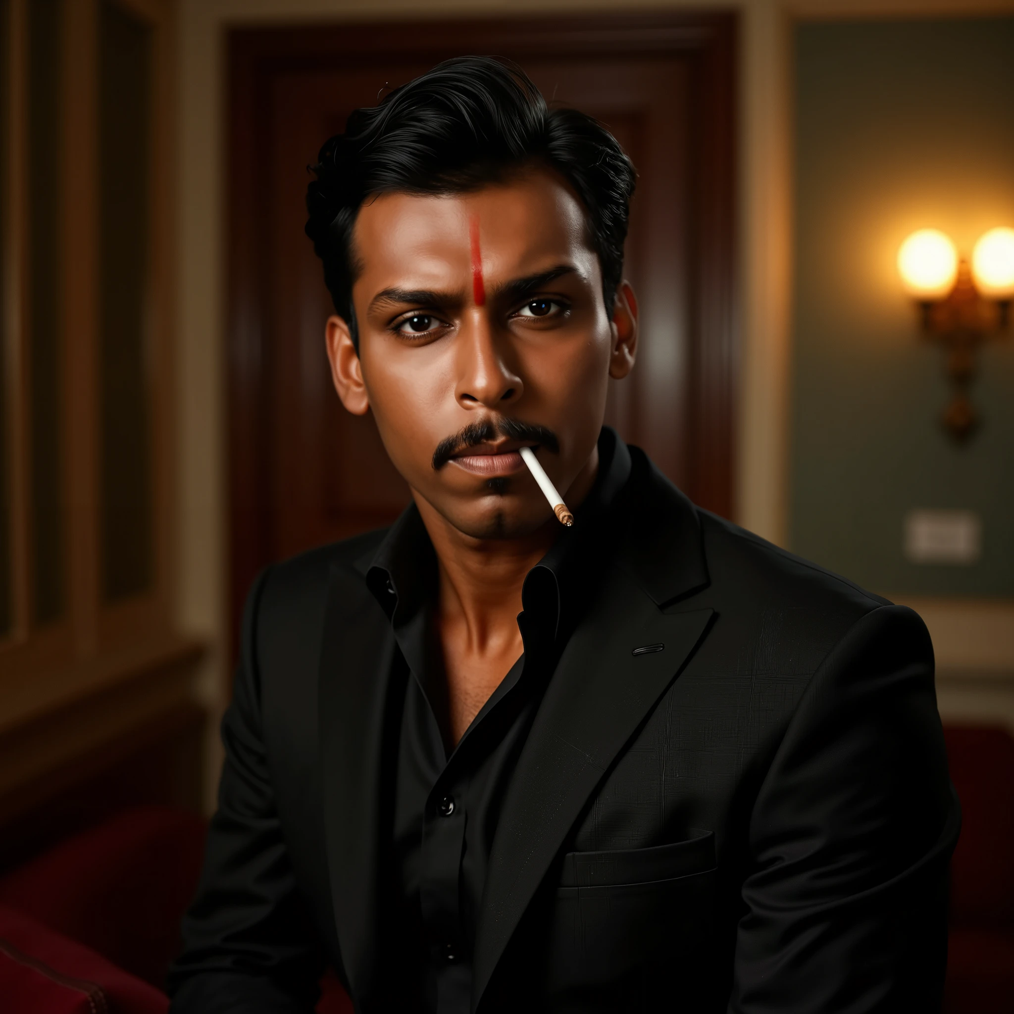 "A hyper-realistic, cinematic-style portrait of a young man, approximately 30 years old, with sharp facial features, intense eyes, and a strong presence. He has a well-groomed mustache and neatly styled black hair. His skin tone is warm brown, and his expression conveys confidence with a hint of mystery.

He is wearing a sleek, dark-colored suit, tailored to fit well, paired with a black dress shirt underneath. The top button of his shirt is undone, adding a slightly rebellious charm. A lit cigarette is hanging from his lips, with a subtle wisp of smoke rising into the air. His posture is assertive, slightly leaning forward, as if reacting to something unexpected.

The background is softly blurred, featuring an indoor setting with a classic aesthetic. The lighting is dramatic, with warm highlights and deep shadows, creating a moody, noir-inspired look but in full color. The image should have a modern, polished feel while retaining a vintage cinematic essence."