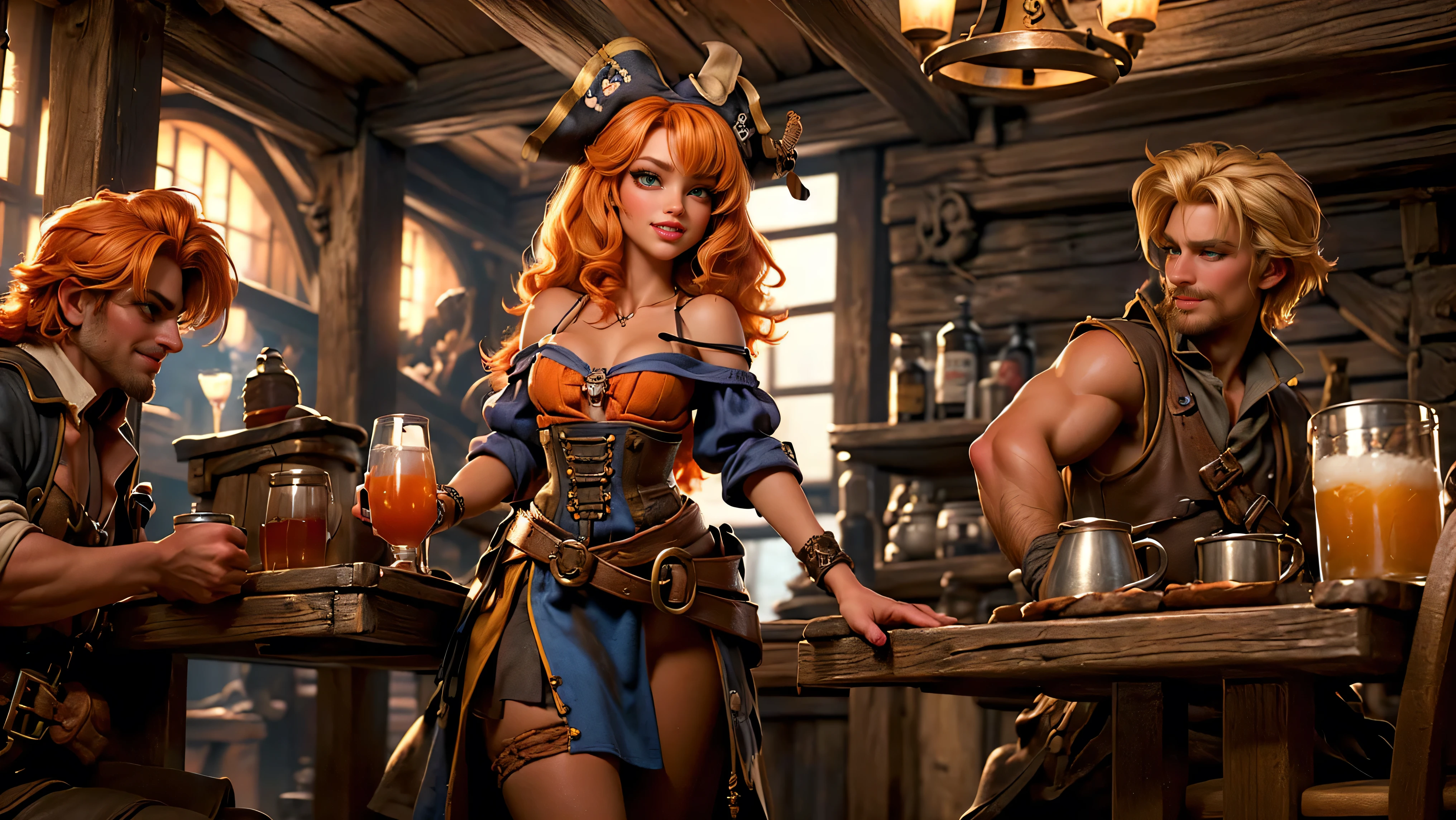  ((tavern and brothel filled with men)), ((1 redheaded tavern wench serving drinks to old pirates)), ((messy hair, orange hair)), ((1 serving girl)), ((solo girl)), ((ager)), (()), ((littlegirl)), ((Smiling)), ((little)), ((dark tan skin)), ((cute girl)), ((she is serving the pirates)), ((pirates are lusting after the girl)), ((pirates are large burly men)), ((pirates have dark hair)), ((men have blonde hair)), ((men wearing pirate cloths)), ((unshaven pirates)), ((she walks to the tables carrying tankards)), ((the men can't help but stare at her beauty as she walks by)), old tavern, pirate tavern, pirates holding and drinking tankards of ale,
