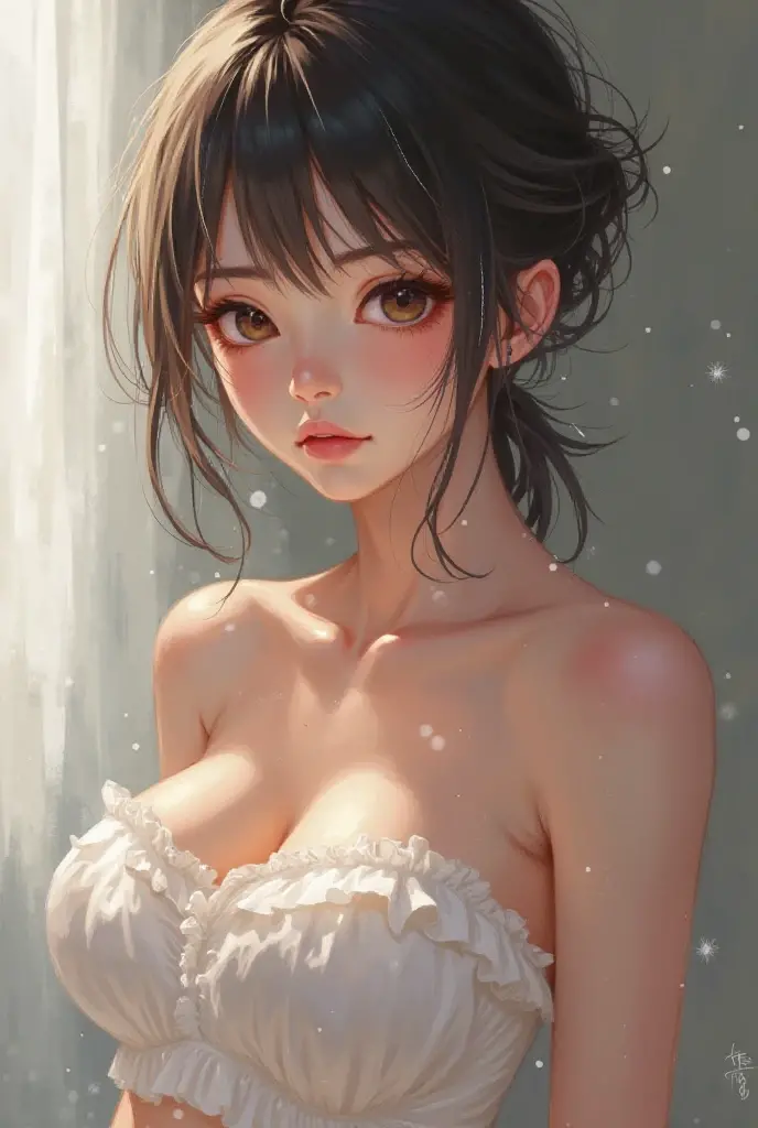(((Masterpiece))), (from below), black hair, diffused light, dynamic shadows, sharp focus, realistic, detailed, highres, absurdres, white background, no bra, photorealistic, lifelike, steamy, blushing, sleeveless, youthful appearance, slight smile, lip gloss, hands behind back, head facing viewer, (((looking at viewer))), (((bare skin))), ((slim)), ((sweet looking)), ((medium chest)), submissive, correct ???????, perfect face