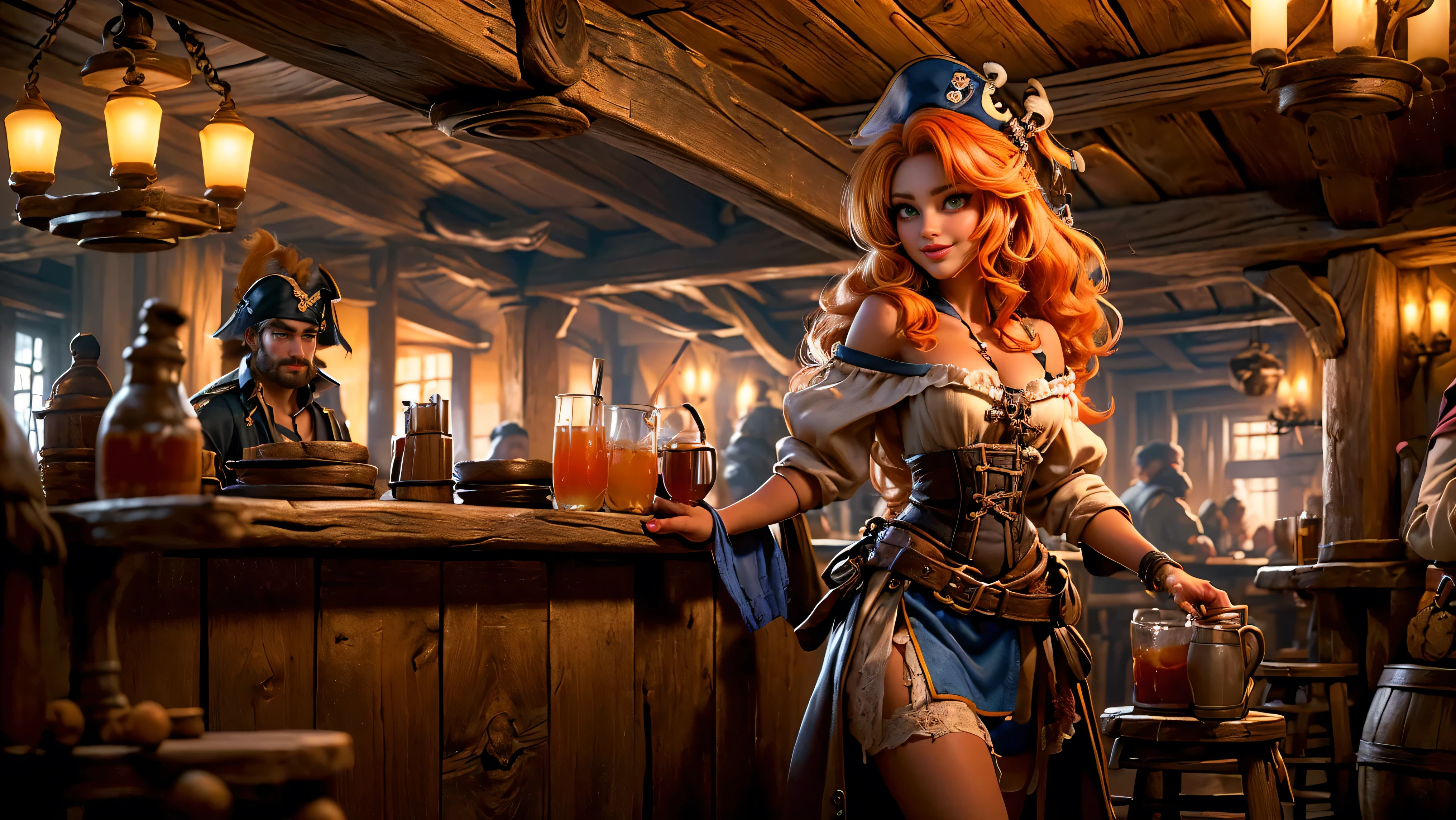  ((tavern and brothel filled with men)), ((1 redheaded tavern wench serving drinks to old pirates)), ((messy hair, orange hair)), ((1 serving girl)), ((solo girl)), ((ager)), (()), ((littlegirl)), ((Smiling)), ((little)), ((dark tan skin)), ((cute girl)), ((she is serving the pirates)), ((pirates are lusting after the girl)), ((pirates are large burly men)), ((pirates have dark hair)), ((men have blonde hair)), ((men wearing pirate cloths)), ((unshaven pirates)), ((she walks to the tables carrying tankards)), ((the men can't help but stare at her beauty as she walks by)), old tavern, pirate tavern, pirates holding and drinking tankards of ale,