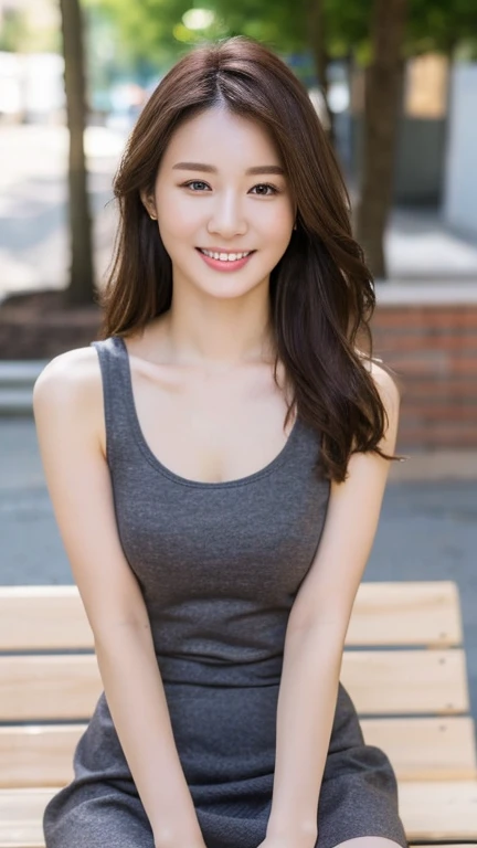 Gorgeous Woman , masterpiece, Highest quality, (Realistic:1.4), (White tank top:1.1), (Blue Jeans:1.2), Heel,  sunny day, Beautiful woman, Skinny body, Small breasts, Straight dark brown hair, Detailed face, smile, To the camera, Photo taken from a distance, 20-year-old,