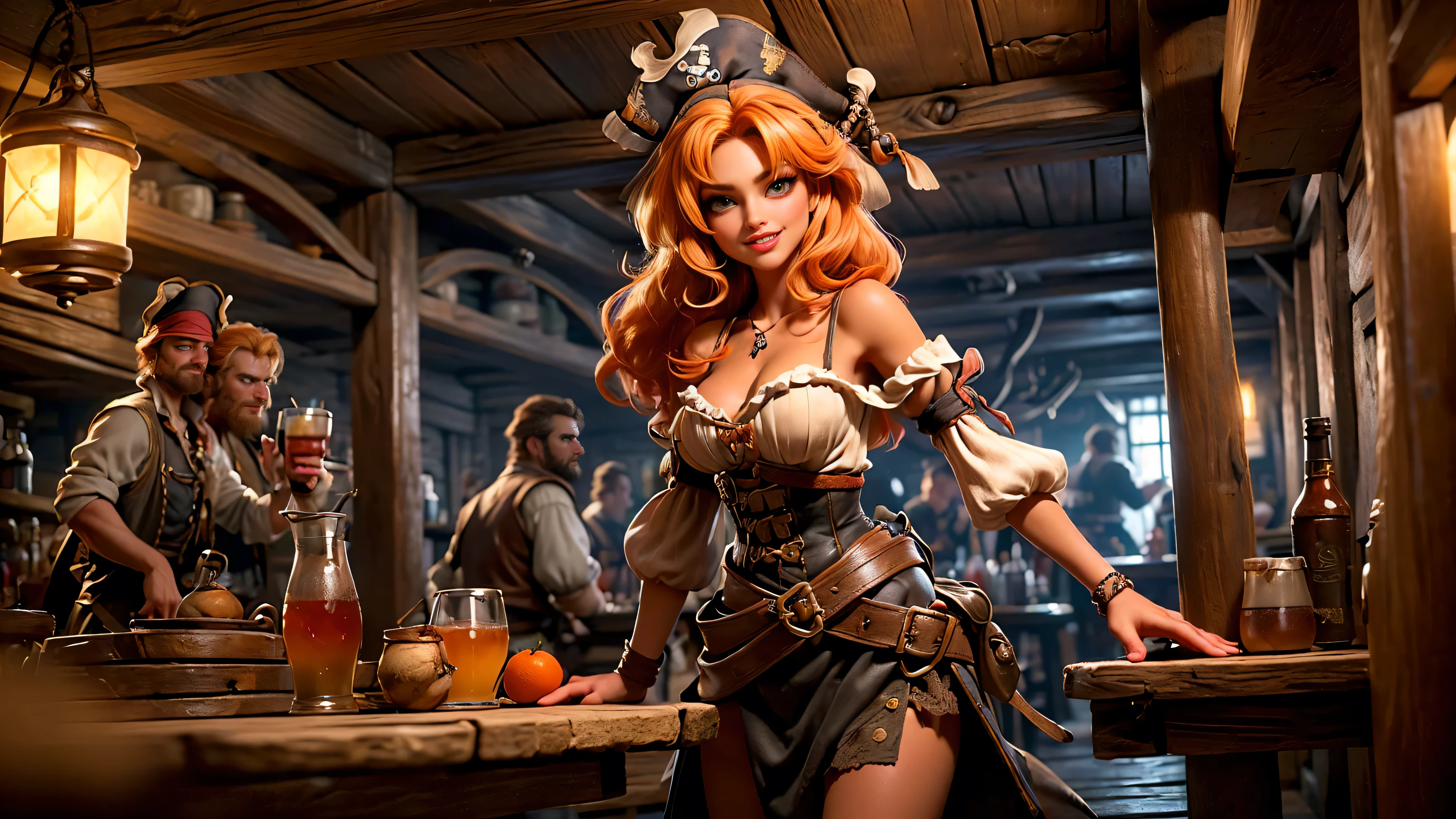  ((tavern and brothel filled with men)), ((1 redheaded tavern wench serving drinks to old pirates)), ((messy hair, orange hair)), ((1 serving girl)), ((solo girl)), ((ager)), (()), ((littlegirl)), ((Smiling)), ((little)), ((dark tan skin)), ((cute girl)), ((she is serving the pirates)), ((pirates are lusting after the girl)), ((pirates are large burly men)), ((pirates have dark hair)), ((men have blonde hair)), ((men wearing pirate cloths)), ((unshaven pirates)), ((she walks to the tables carrying tankards)), ((the men can't help but stare at her beauty as she walks by)), old tavern, pirate tavern, pirates holding and drinking tankards of ale,