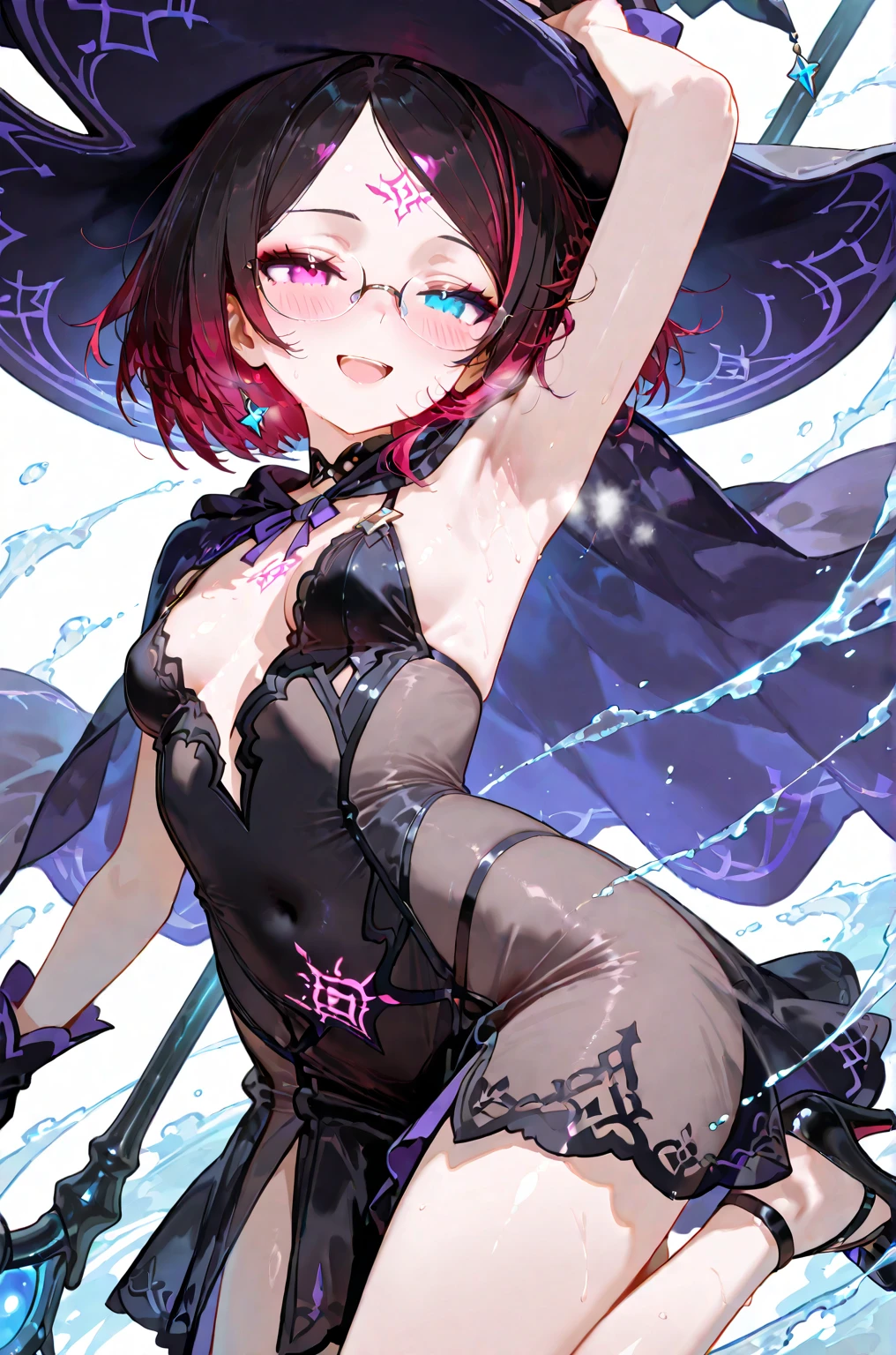 ((Highest quality)), ((masterpiece)), (detailed), a sexy girl with glasses is holding a clipboard in lingerie and her skirt is pulled aside, 1girl, breasts, 独奏, navel, glasses, looking at viewer, bangs, blue eyes, purple hair, short hair, gloves