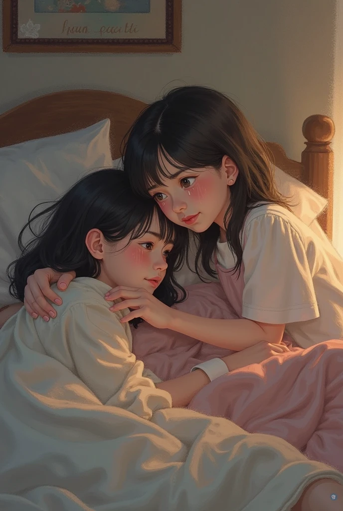 The painting style is delicate，The two girls fell asleep，long whitr hair，morandi color，pyjamas，Lolita style