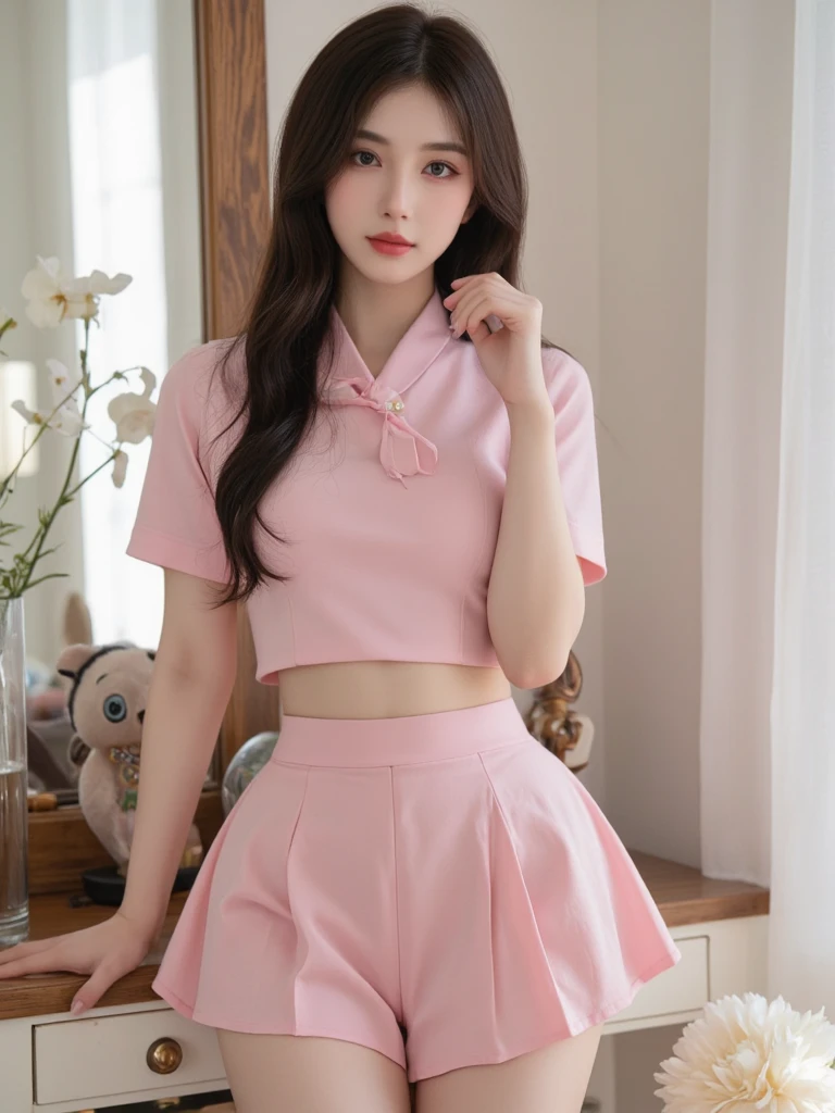 japanese girl、girl in her 20s、perfect body shape、Transparency、big breasts、tight t-shirt、navy blue skirt、pink shirt、fiery idol pose、sensual look、shiny thighs、((No panties:1.5))