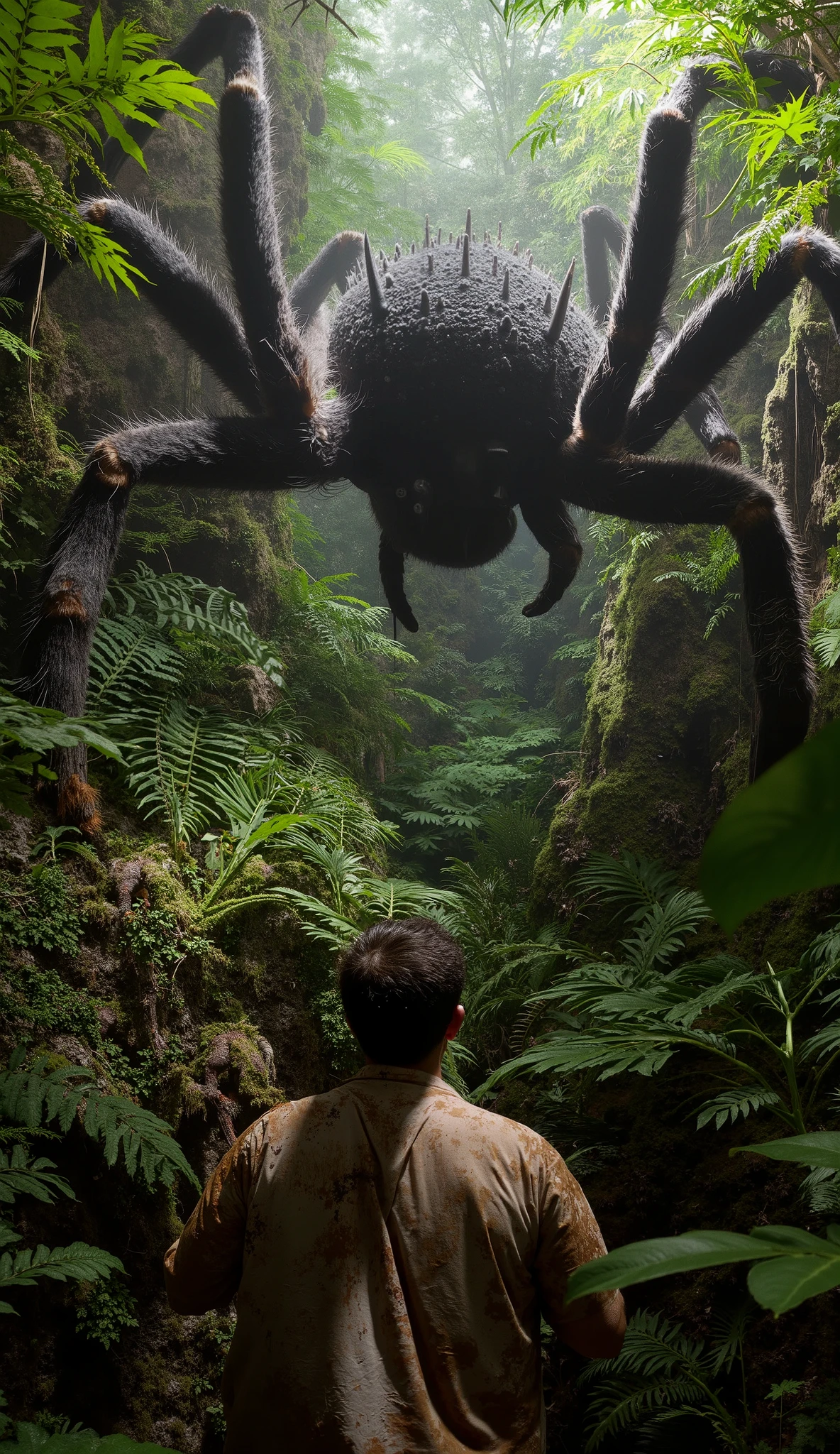 A colossal tarantula with matted black bristles and organic spike protrusions slowly moves across a moss-covered canopy, its massive chelicerae dripping venom inches above a petrified explorer's face. The human's mud-stained jacket and broken compass emphasize scale contrast. Ultra-wide vertical composition, fisheye lens distortion intensifies spider's enormity, dappled sunlight through dense ferns creates ominous shadows. Hyper-detailed chitin textures, visible abdominal pulsation, rainforest humidity haze, National Geographic documentary style, 8K wildlife photography.