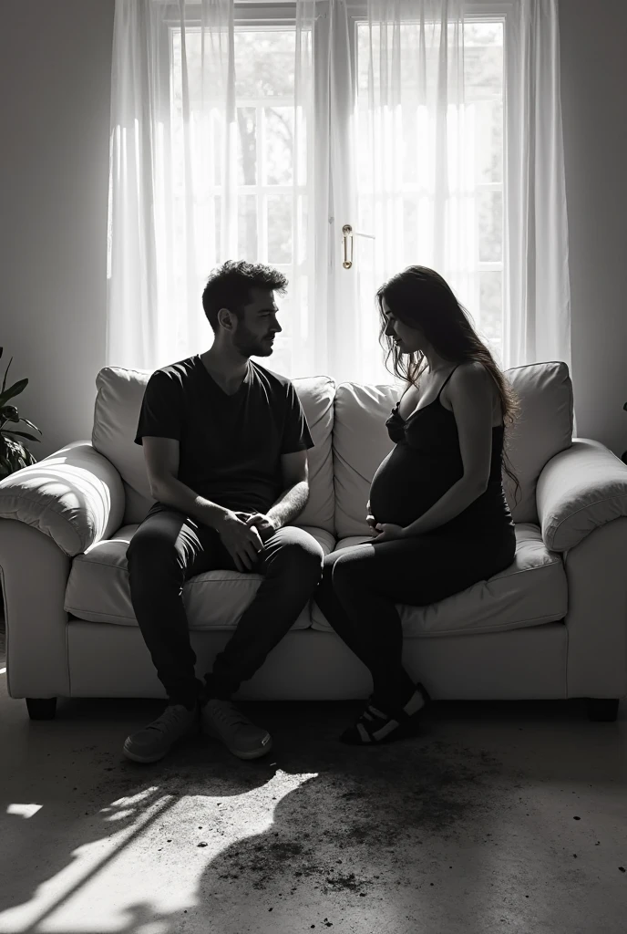 The man in his 45s with black very short hair and smooth face with moustache. The woman in her 45s with brown wavy long hair and the woman is pregnant. The man and the woman are naked. The man is sitting on the chair. The woman is sitting on the man's lap. Chair sex. They are kissing. Side view. Night. Dim and dark environment. UHD. HDR. Cinematic.
