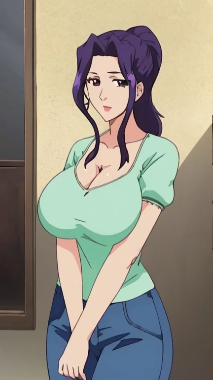 Nino Fujino,(Mature female , Large Breasts,Sagging breasts、Cleavage, cleveage、Thick thighs, Wide hips, Curvy beauty, Perfect body，) Light_Brown hair,Wearing a lavender suit, skirt, White shirt,high quality,4K,