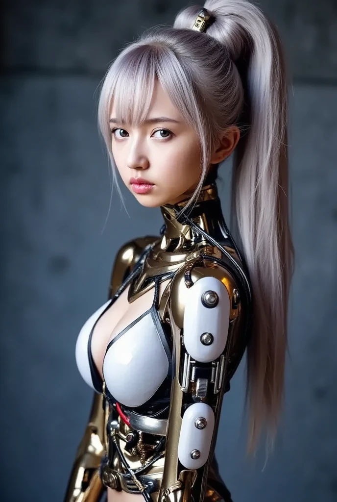beautiful face,Facing Japan, 1 female, big, Curvaceous, (16k, RAW photo, highest quality, masterpiece: 1.2), (HDR, realistic, realistic: 1.37) (Tube attached to the body), (Bikini Cyborg Robot Parts)))), (light gray hair), long hair, wavy hair, twin tails, medium shot, ( enchanting smile)), (black eye), double eyelid, princess cut, from below, (whole body),take a pose,,In the laboratory,( Mechanical vertebrae attached to the back with tubes connected to blood vessels)),((Mechanical neck attached to the neck)),(Wires and cables mounted on the head and body),(character focus),,perfect woman image,完璧なanatomy, anatomy, whole bodyショット, Up to four fingers to one thumb relationship, spherical joint,
