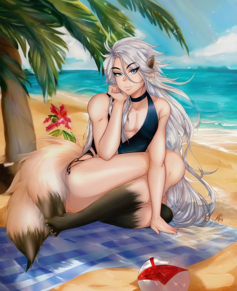 White furred fox sunbathing on the beach