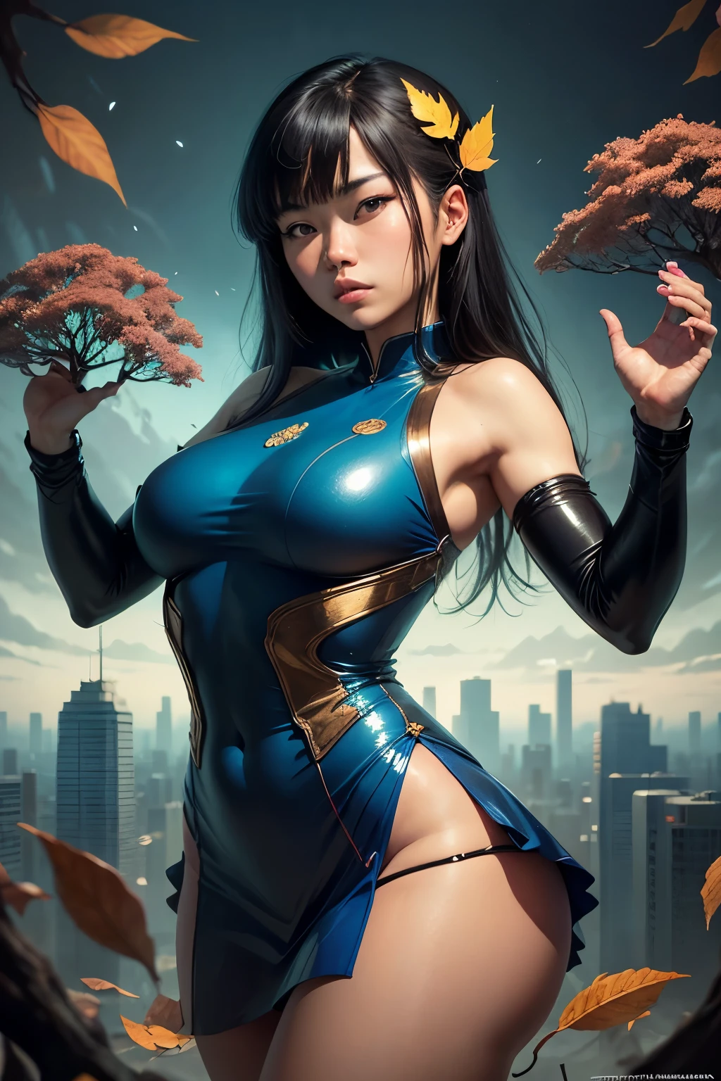 1girl in, 20yr old、Contemporary art, action painting, Alfonse Mucha, Impressionism, spark of light, Motion Blur, Cinematic lighting, Backlighting, nffsw, Anatomically correct, Textured skin, high details, awardwinning, 4K、 (Depth Fields:1.3)、(beautiful countenance:1.5)、(big eye)、Unevenness of the skin、Kamen Rider Suit、purpleish color、Black、amarelo、red、(Female Hero Suit)、perfectly proportions、Perfect makeup、爆乳、big breasts thin waist、nabel、Enhanced buttocks、thighs thighs thighs thighs、The navel and thighs are raw、tense look、action、profetional lighting、