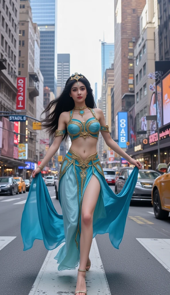 belly dancer dress, professional detailed photography, ultra detailed world, ultra maximalism, young woman wondering in the main street of a big city, bright daylight, ultra detailed, intricate details, crazy details, Hasselblad, masterpiece, world full of details, intricate detail, ultra quality, 8k