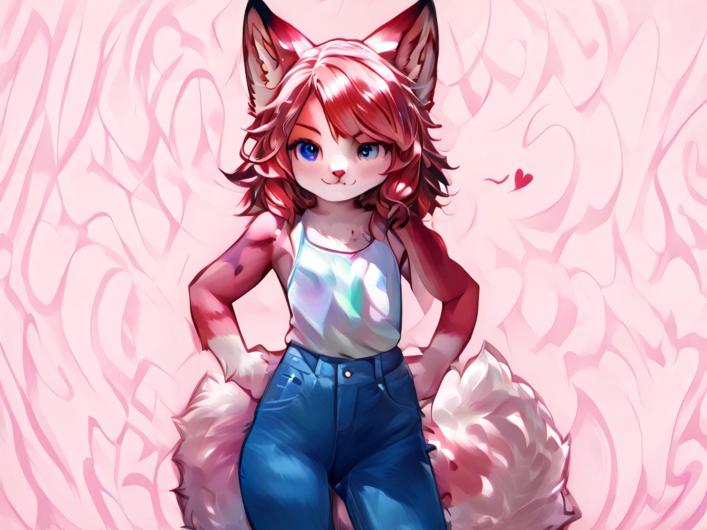 1 girl, Doll Fox Woman, Soft pink furry skin, Pink Heidi, Thick thighs, There is a long pink ribbon on the head, Pink heart-shaped pupils, Tight pink bikini,, Pink heart-shaped eyes,Big breasts,fox,Pregnant