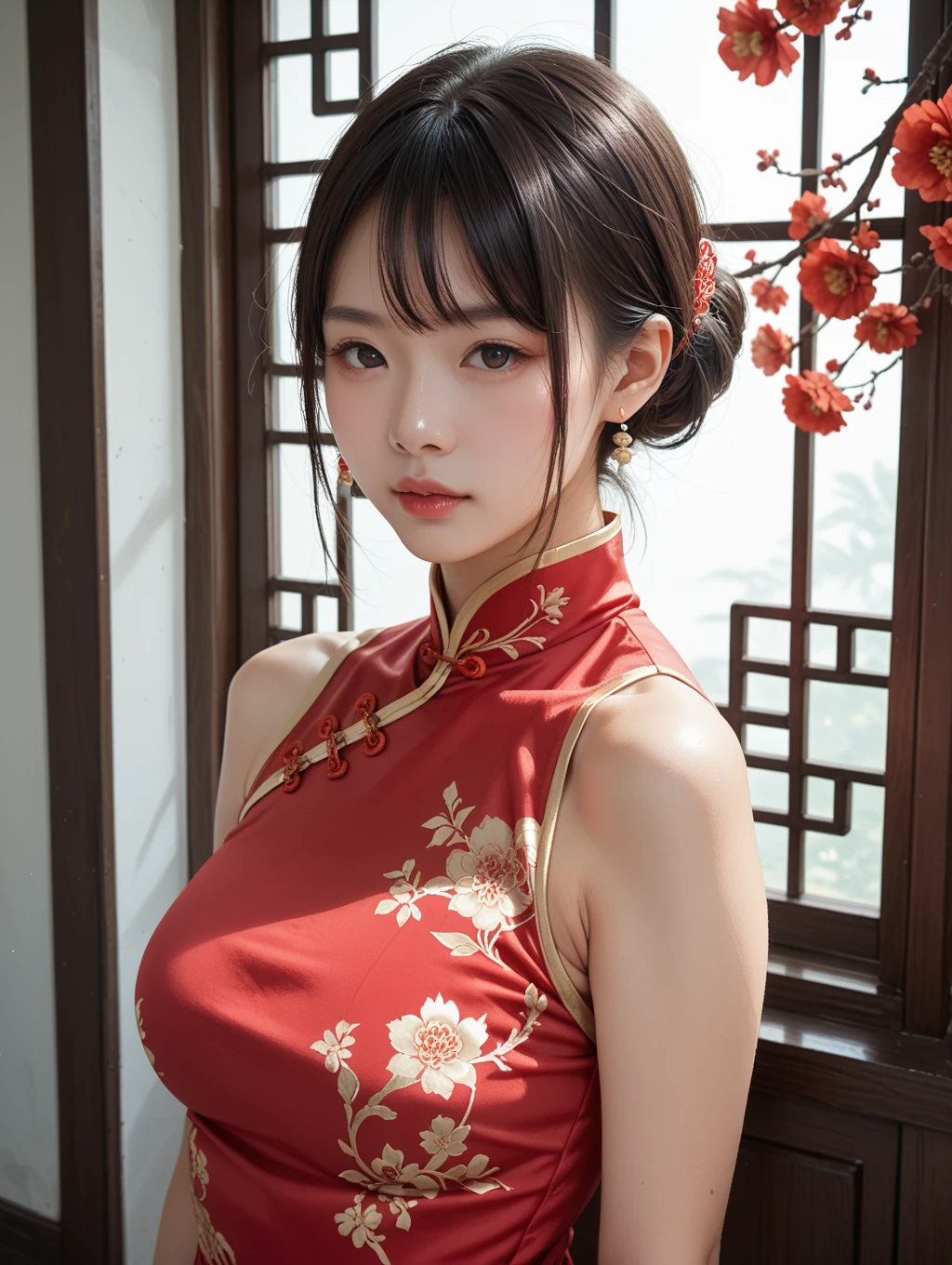 Play mahjong(Hyper-realistic,)4K,35mm,hyper-high detail, profesional lighting, Best quality at best, 超高分辨率, the visual stunning shock, (1个Giant Breast Girl:1.3), National style (On the cheongsam),dermis,(Perfect body 1.3)The face is super delicate。