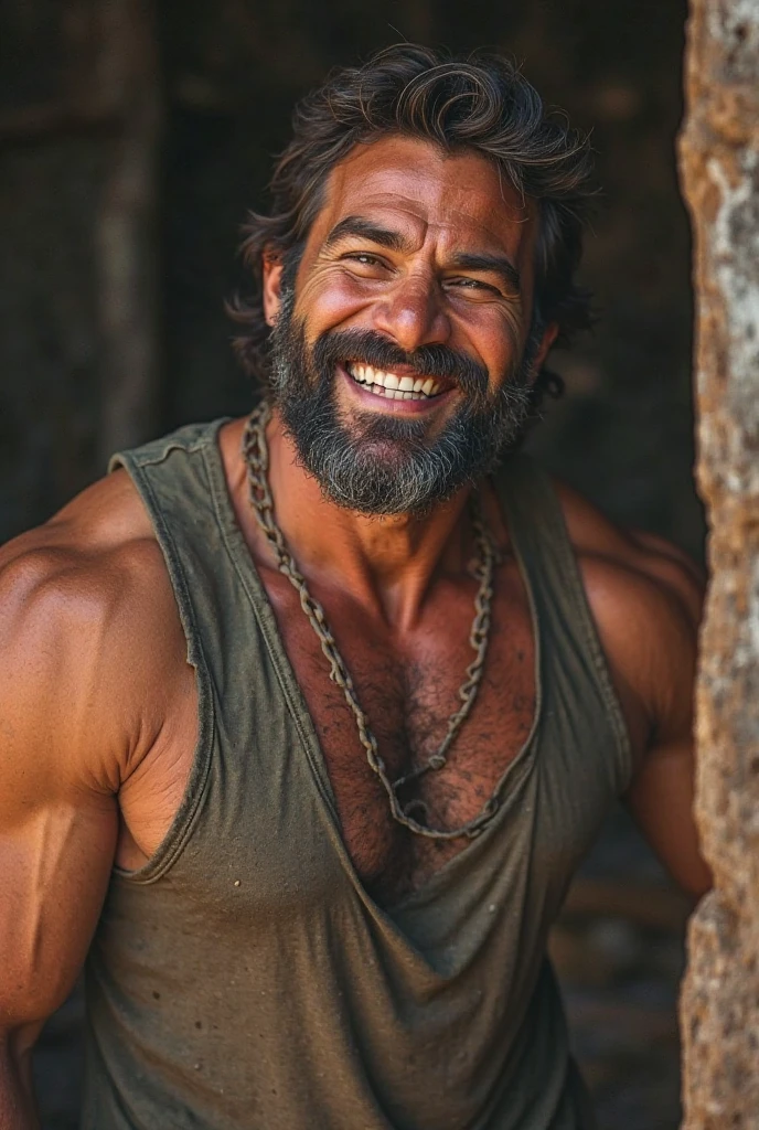 (mais alta qualidade, detalhes surpreendentes: 1.4), obra-prima, personagens originais, Natural volumetric lighting and better shadows, profundidade de campo profunda, foco claro, Portrait of incredibly handsome 40 year old muscular man, corpo inteiro, belo rosto viril, barba, atraente com olhos claros, sorriso sedutor, cabelo cinza curto desgrenhado, camisa branca apertada, jeans, (messy painted body: 1.05), (fundo de rua com lojas: 1.15), hospital, (arms down 1.2), bandaged broken arm, Pitoresco, overexposure, renderizado, fotorrealista, NSFW, sexy,, claro, focado, Centrado, sensual, disco Rigido, 8k, DSLR, .RAW
