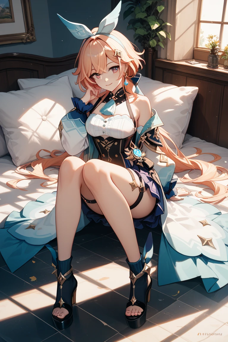 (masterpiece)1 girl, Sangonomiya Kokomi, Genshin Impact, best quality, expressive eyes, perfect face, upper Big body, smile, blush, Wearing Golden Latex Catsuit, indoors, day, simple background, Laying in Bed, looking ?????, Bright sky, looking at viewer, stairs, moody lighting