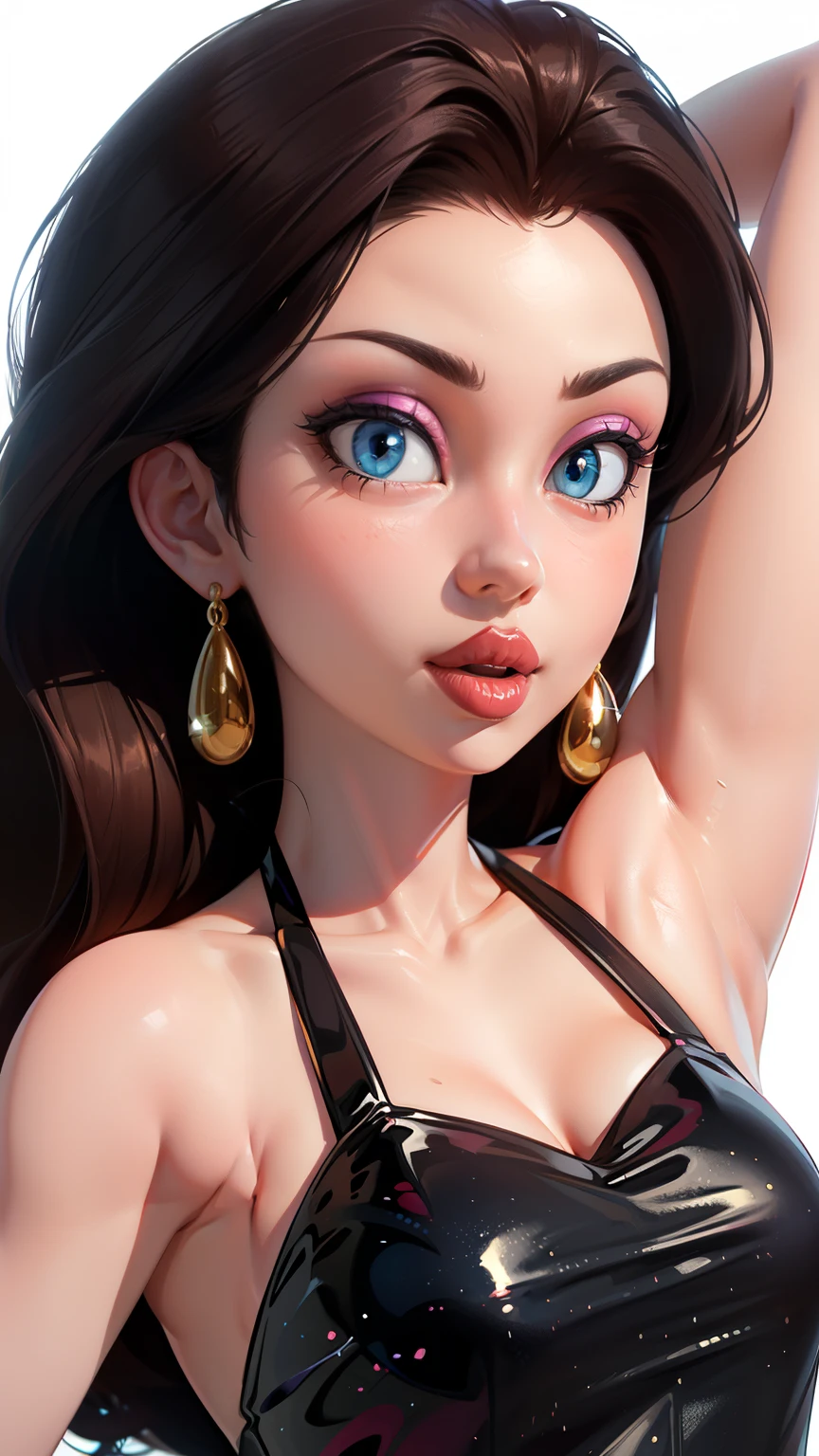 (Best quality, high resolution: 1.2), Ultra-detailed, (Realistic: 1.37) brunette, médium short braid brown hair, brown eyes, big chest, 19 years, full body, with (( black latex )) topless naked as nude show boobs and nipples with smile on