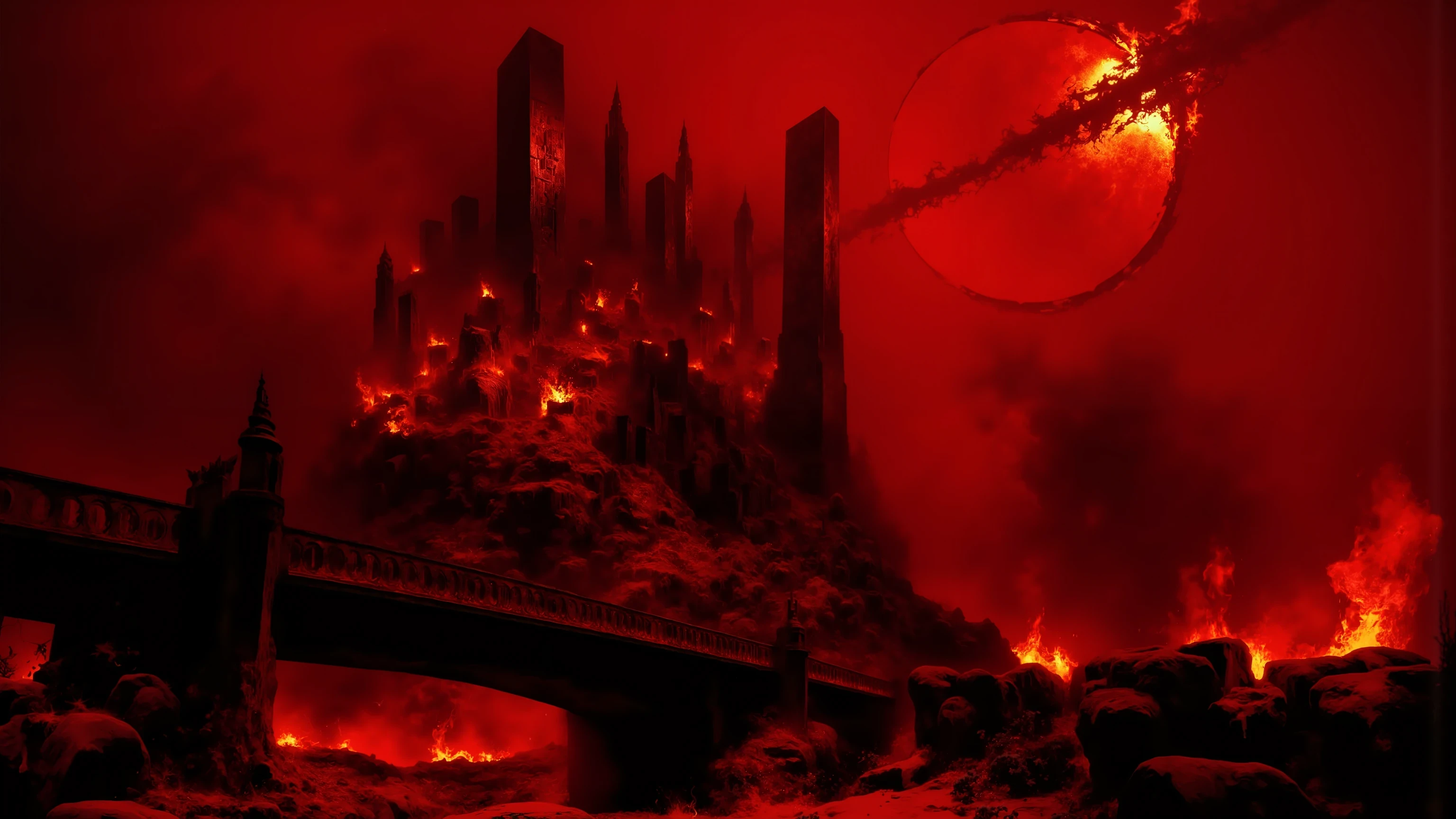 Hellscape , with towering skyscrapers and a bridge in the foreground , rendered in Gustave Doré's exquisite and exquisite style . High quality scenes , with ultra-detailed elements and realistic effects . A hellish atmosphere captured in vivid and intense colors , depicts a fiery and sinister environment . lighting , shadows and flickering flames add depth and contrast to the scene . This bridge acts as a focal point , leading to Hell in the distance . These buildings are exquisitely designed , Showcasing the grandeur and architecture of the Hades . The overall composition exudes a sense of darkness and despair , evokes the power of the iconic and powerful illustrations {x} An unforgettable image .The scene is a mountain composed of square rocks,The background is a blood red sky,There is a thin golden circle in the sky,The scene is big and empty,A sense of emptiness in the scene,Sacred,creates a sense of depth and perspective, Dark Tones,Film composition ,Wide-angle composition,Movie lighting ,Art by Piotr Jabłoński,drk4rt,Billie Eilish