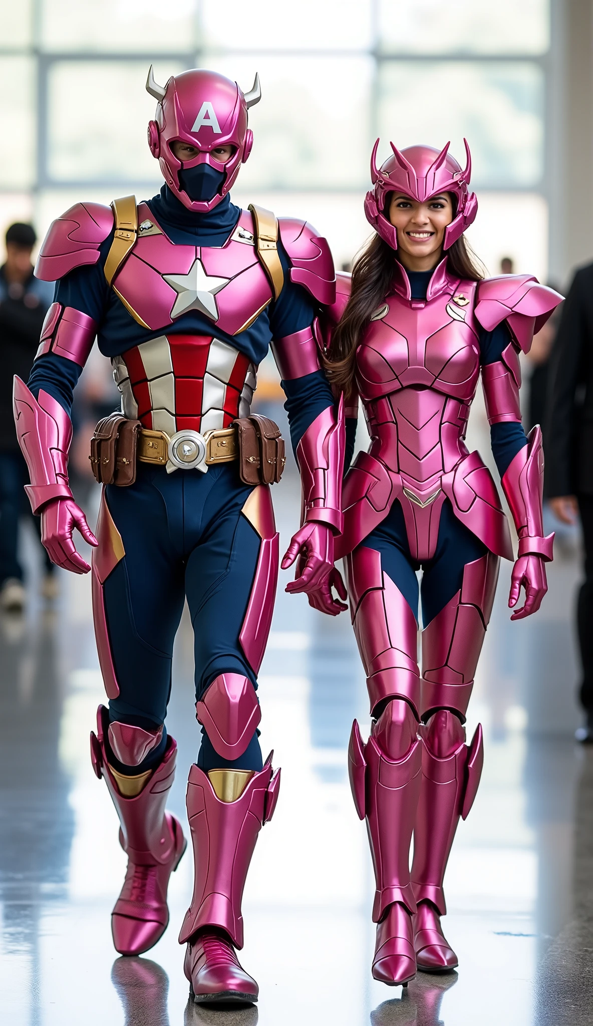 character: 1 man with mask full head, and 1 woman.
action: Walk straight and look straight ahead.
Expression : smiling.
Costume : they Wearing futuristik captain America pink with saint Seiya armor.
Background : A bright indoor public space , with people vaguely seen in the distance, shows that this picture was taken at a fun event or get-together, maybe a convention or costume . They radiate happiness as they walk confidently in their superhero costumes. Show the whole body.