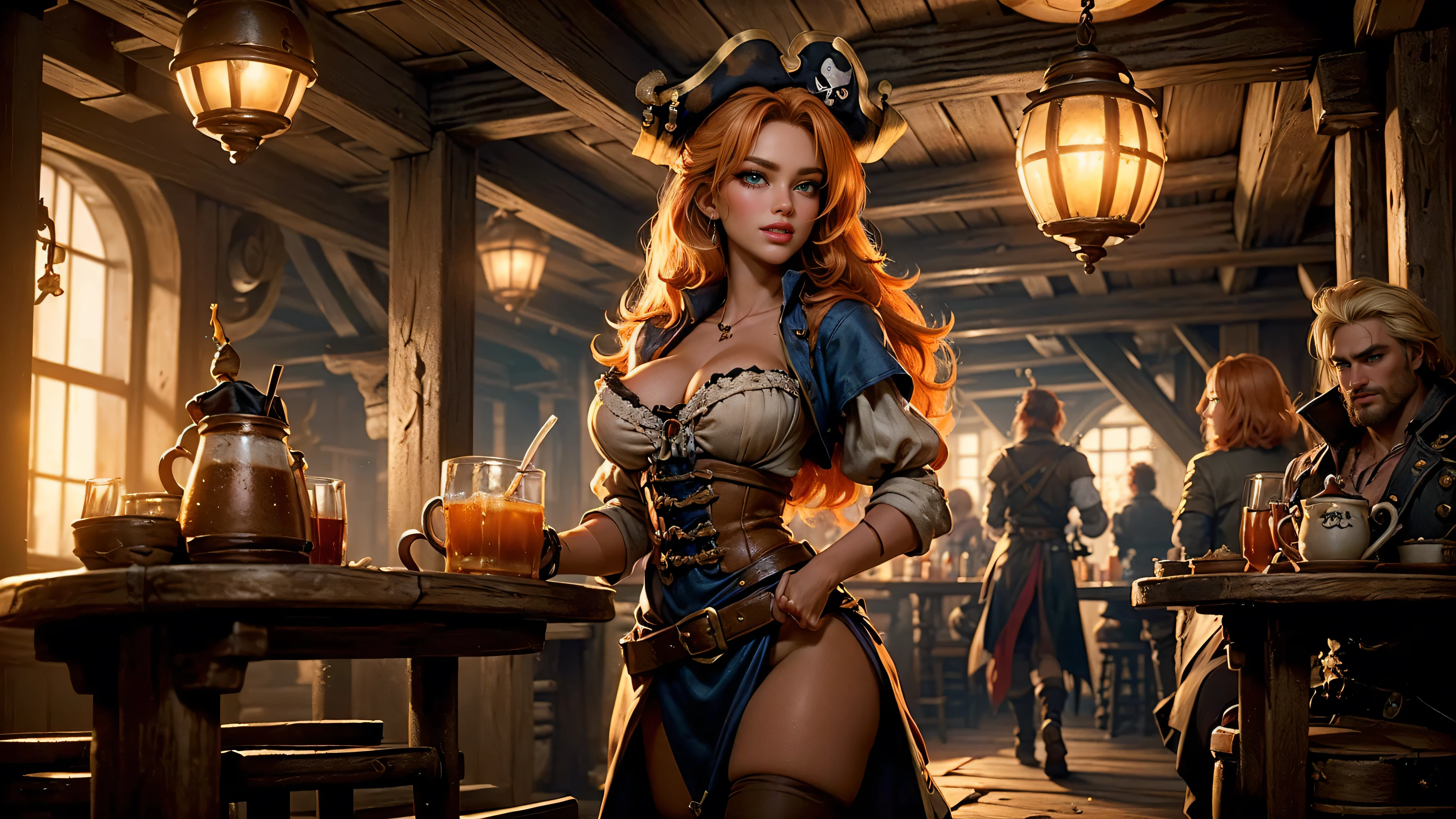  ((tavern and brothel filled with men)), ((1 redheaded tavern wench serving drinks to old pirates)), ((messy hair, orange hair)), ((1 serving girl)), ((solo girl)), ((ager)), ((loli)), ((littlegirl)), ((Smiling)), ((little)), ((dark tan skin)), ((cute girl)), ((she is serving the pirates)), ((pirates are lusting after the girl)), ((pirates are large burly men)), ((pirates have dark hair)), ((men have blonde hair)), ((men wearing pirate cloths)), ((unshaven pirates)), ((she walks to the tables carrying tankards)), ((the men can't help but stare at her beauty as she walks by)), old tavern, pirate tavern, pirates holding and drinking tankards of ale,