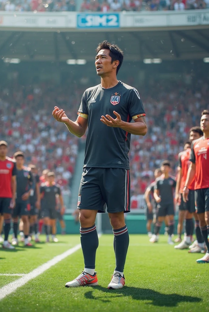 Man, wearing white football shorts, bending over, , green football shirt, white shirt, front field, Asian, black hair, panty line,