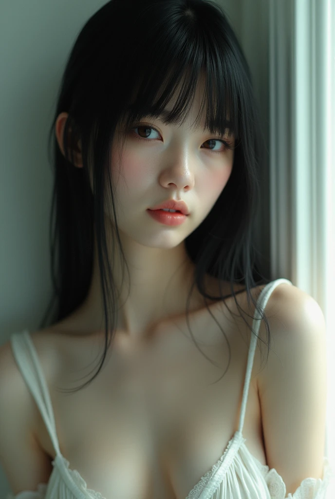 Portrait of a cute ager with a perfect beautiful face、Cute Japan、Bra very、Wearing panties、Double-breasted、Big eyes、I am proud、Small breasts、Nipples、Shine(Secret Private Research、Dark atmospheric light:1.2)