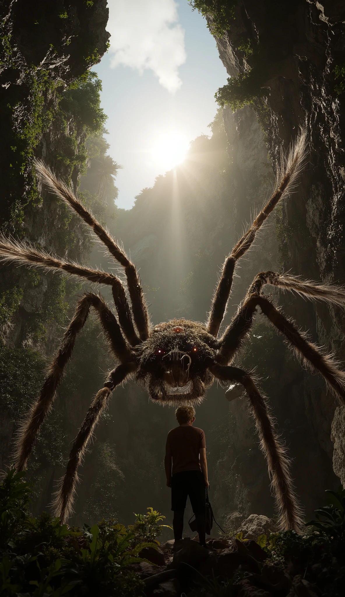 Ultra-wide vertical shot from ground to sky, a colossal hairy spider's pulsating abdomen completely blocks sunlight, its eight jointed legs gripping crumbling cliffs on both sides. explorer stares upward in terror, face illuminated by faint light seeping through spider's bristles, dense rainforest canopy reduced to narrow dark borders framing the sky. Ultra-detailed arachnid anatomy with visible tracheal openings, organic debris falling from spinnerets, no mechanical elements, hyper-realistic biological horror, National Geographic meets survival horror cinematography.