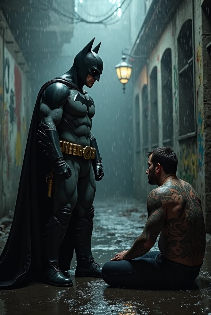 Batman arresting a overweight, unattractive man with Indigenous Latin American features. The man is pleading with Batman not to deport him to his country, his face showing a mix of fear and resignation.