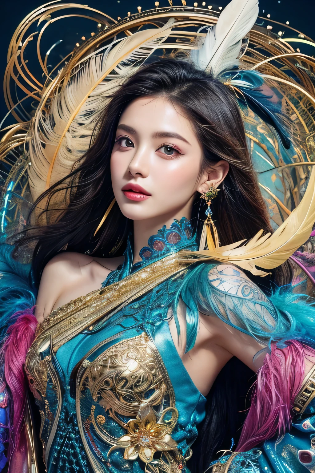 (masterpiece, top quality, best quality, official art, beautiful woman and aesthetic:1.2), (1girl), extreme detailed,(fractal art:1.3),colorful,highest detailed,upper body, [lace],[jewelry],[flower],[[butterfly]] , large moon at the sea background