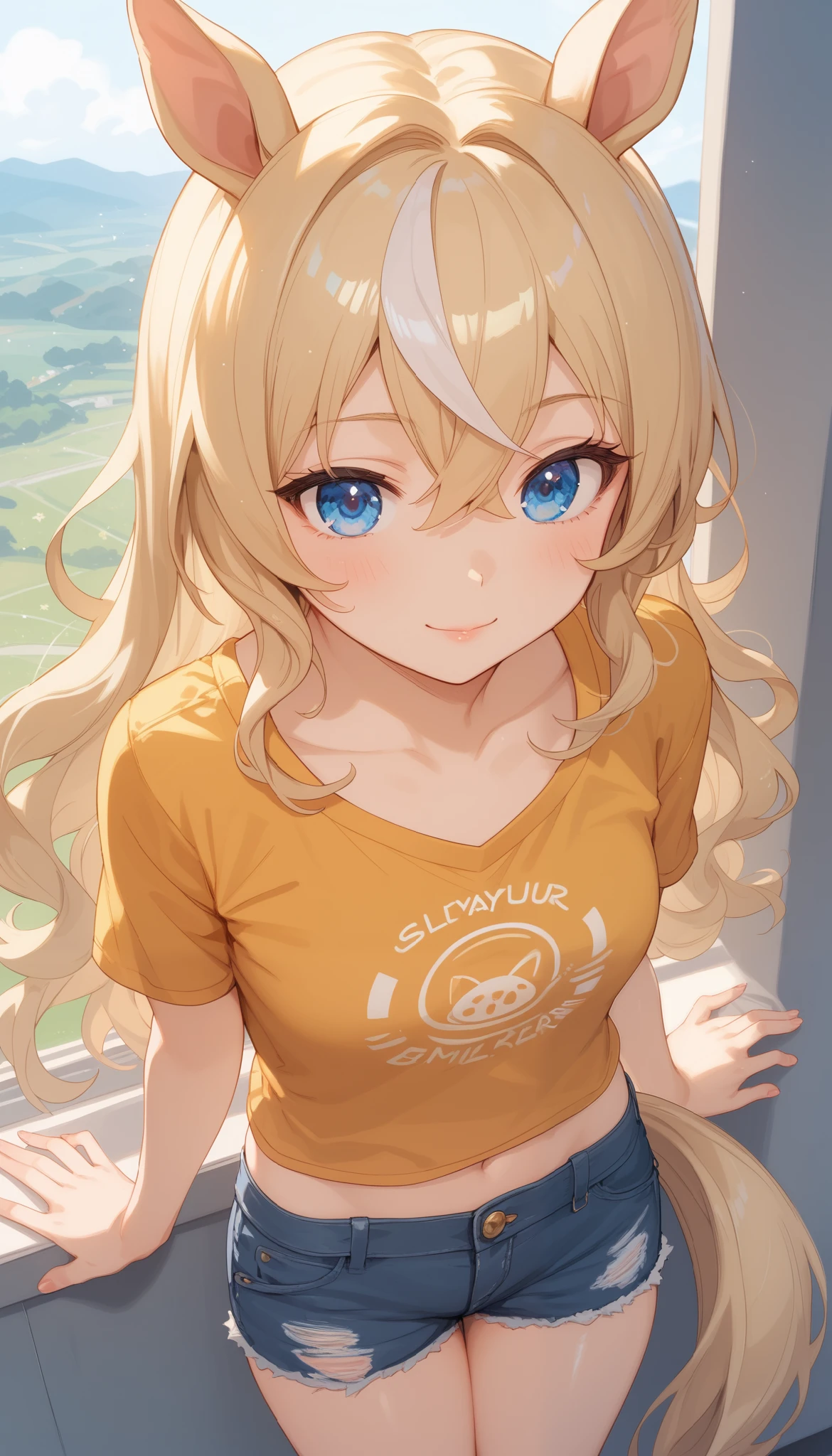 horse tail, long hair, streaked hair, blonde hair, white hair, hair between eyes, animal ears, ear ornament, blue eyes，１ bashful girl, Alone, anime style，cute girl,Best Quality, super detailed, anime style，8k, high resolution, detailed face, Character's Upgraded Image，（（clear face）），（ on the lawn ），（（slouching forward）），（（ chest as soon as it is visible））（（Yellow short sleeve shirt）），（（black mini denim shorts））（Image looking down from directly above），character up image，image viewed from above the front，Shiny, smooth skin，morning，Dazzling Sunlight