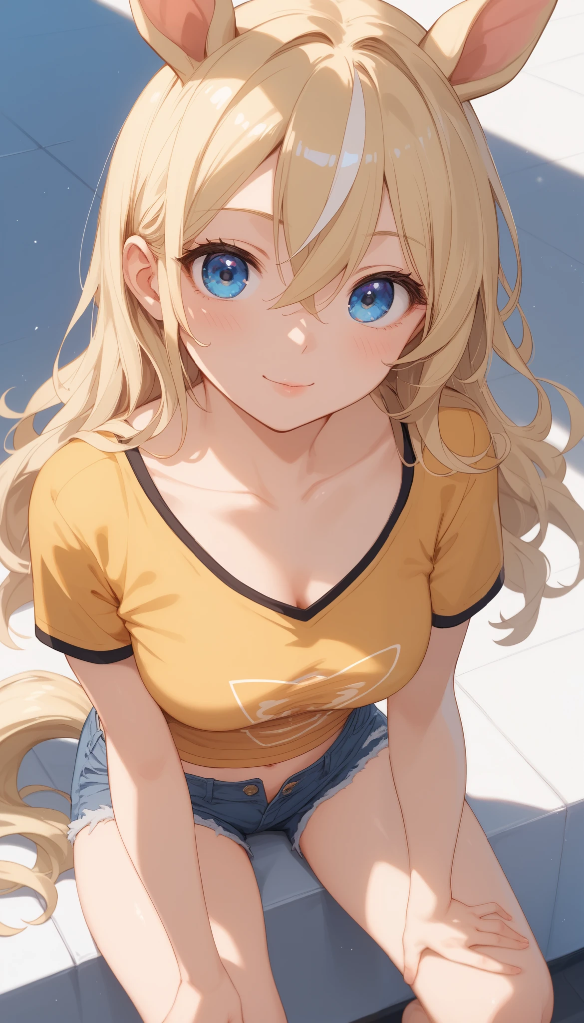 horse tail, long hair, streaked hair, blonde hair, white hair, hair between eyes, animal ears, ear ornament, blue eyes,1 bashful girl, Alone, anime style,cute girl,Best Quality, super detailed, anime style,8k, high resolution, detailed face, Character's Upgraded Image,((clear face)),( on the lawn ),((slouching forward)),(( chest as soon as it is visible))((Yellow short sleeve shirt)),((black mini denim shorts))(Image looking down from directly above),character up image,image viewed from above the front,Shiny, smooth skin,morning,Dazzling Sunlight