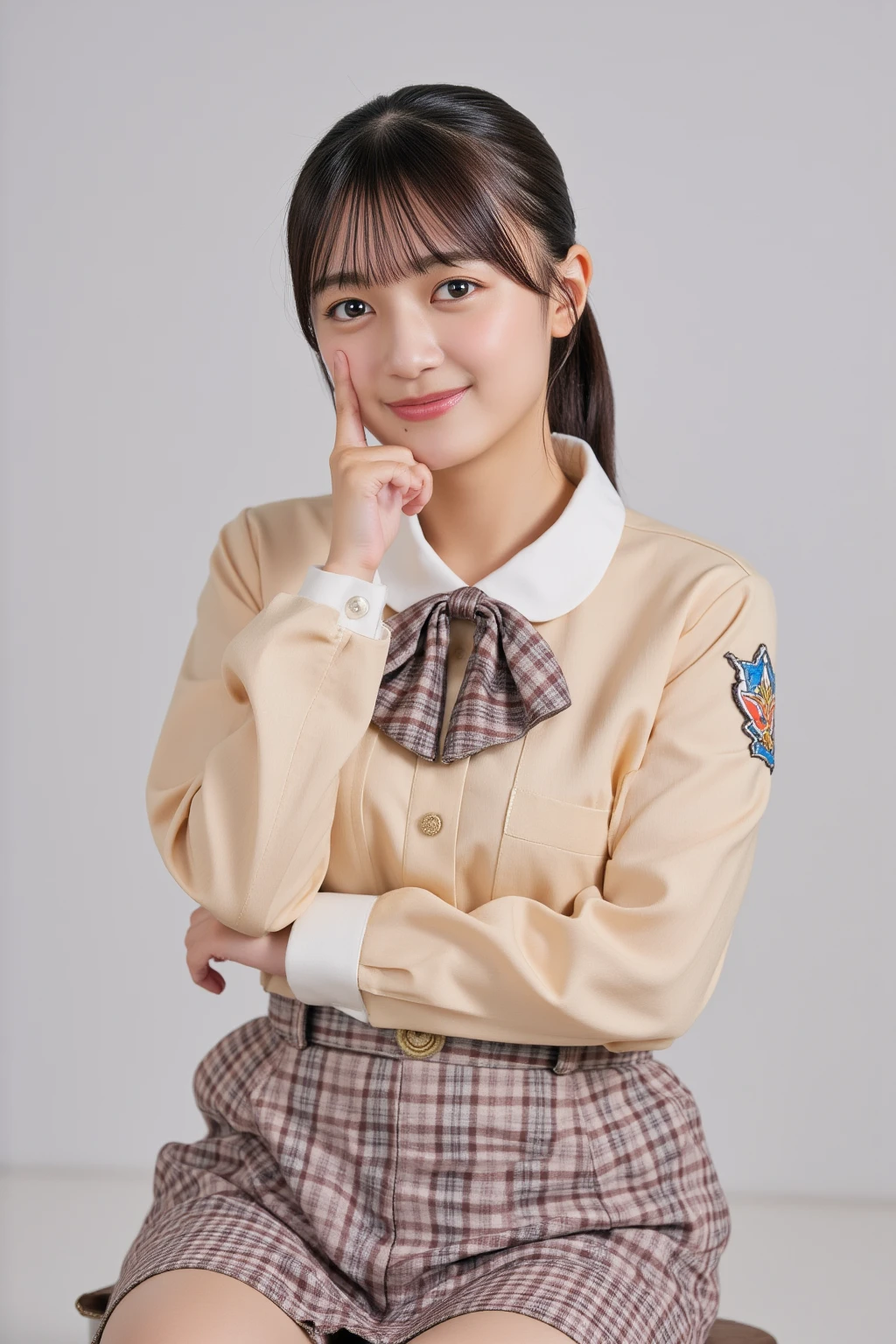 ((highest quality、8k、masterpiece:1.3)),((((cowboy shot)))),Ultra-high resolution,big eyes,Japanese,bangs,(a girl),(1 girl),((20 years old)),((facing at viewer)),(long hair),(((black sailor uniform))),((sitting on chair)),grin,(pleated mini skirt),((white floral panty)),((skirt lift))