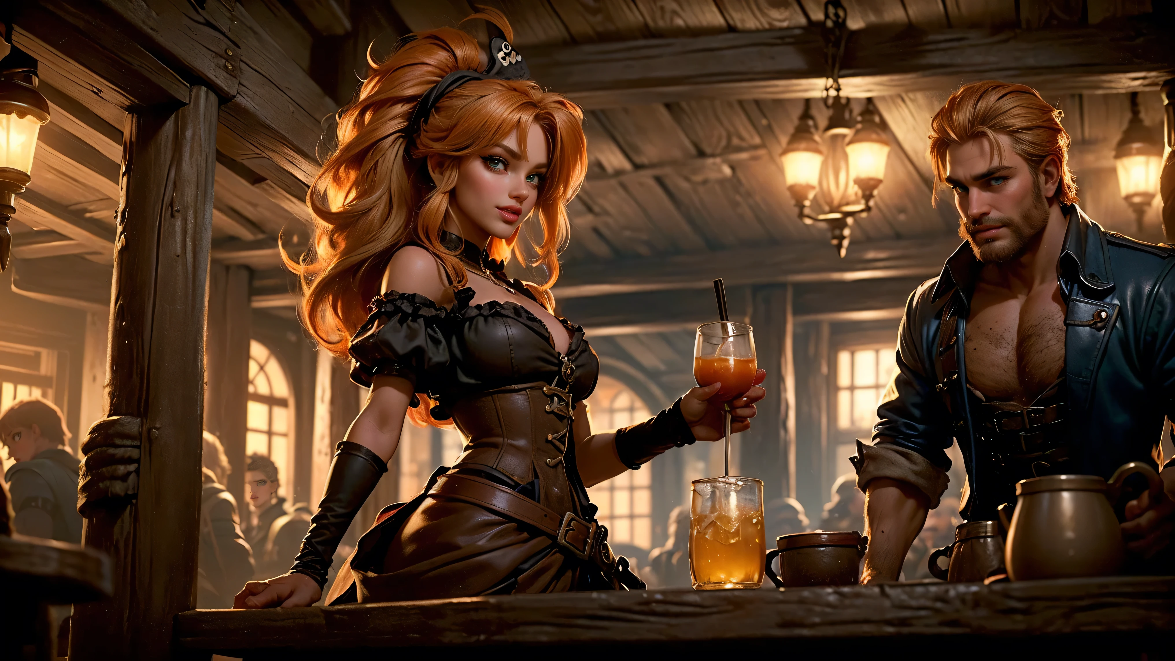 ((tavern and brothel filled with men)), ((1 redheaded tavern wench serving drinks to old pirates)), ((messy hair, orange hair)), ((1 serving girl)), ((solo girl)), ((ager)), (()), ((littlegirl)), ((Smiling)), ((little)), ((dark tan skin)), ((cute girl)), ((she is serving the pirates)), ((pirates are lusting after the girl)), ((pirates are large burly men)), ((pirates have dark hair)), ((men have blonde hair)), ((men wearing pirate cloths)), ((unshaven pirates)), ((she walks to the tables carrying tankards)), ((the men can't help but stare at her beauty as she walks by)), old tavern, pirate tavern, pirates holding and drinking tankards of ale,