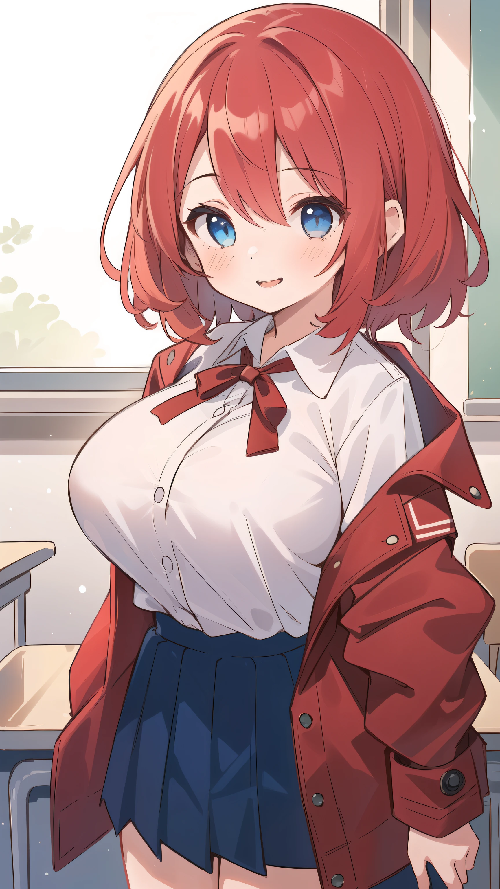 Big breasts, red hair, blue eyes, droopy eyes, red jacket, long sleeves, navy skirt, elementary school student, (super big breasts:1.1), (medium hair: 1), baggy clothes, elementary school student, young face, short height, 10 years old, old, shy Agari, smiling a little, trying to unbutton his shirt in the classroom, white shirt, soft hair，(straight hair:1.2)  , gentle smile, a little smile ，