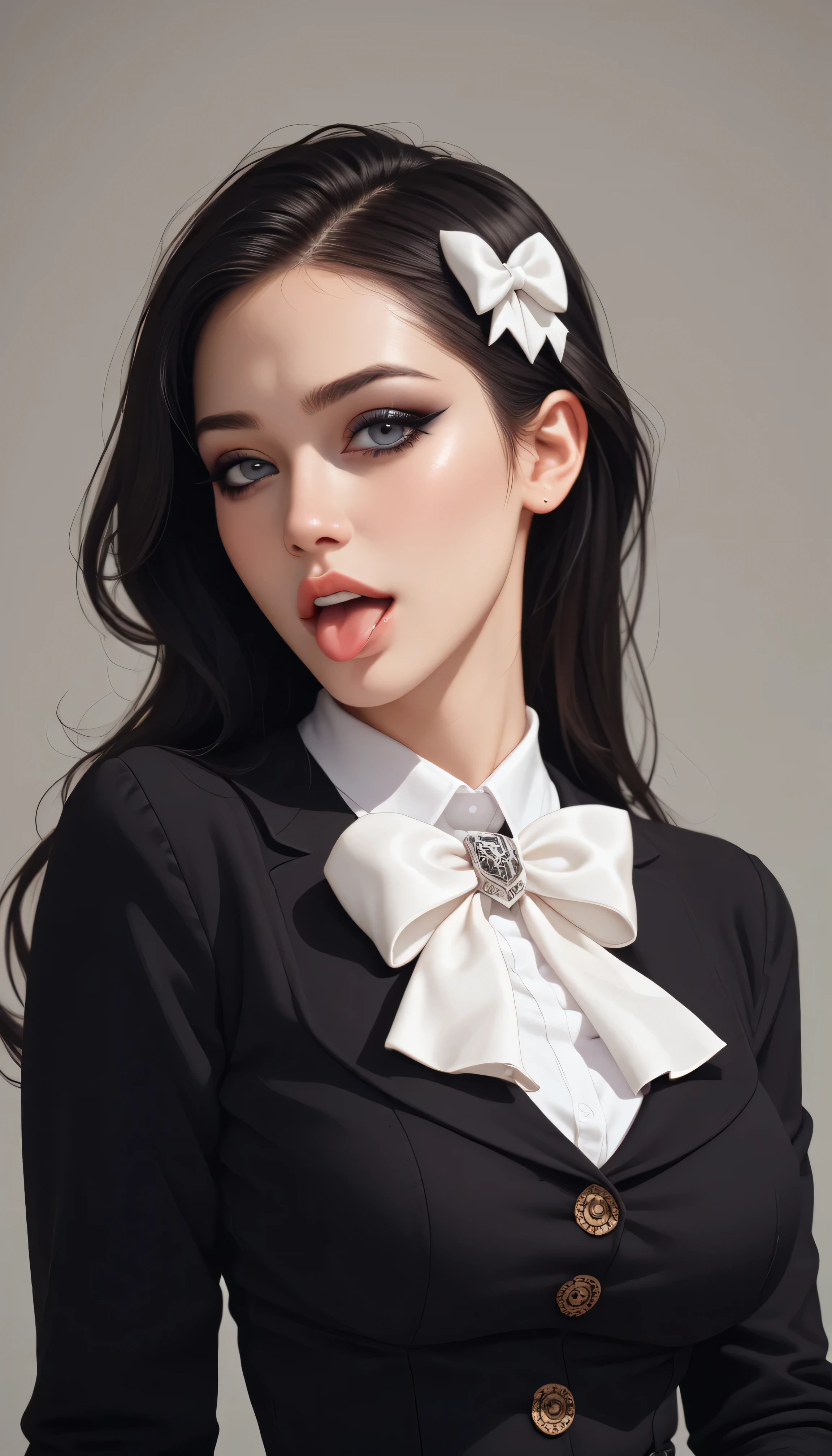 beautiful woman with medium breasts, long black hair with long sideburns, looking at viewer, seductive expression, half body portrait, wearing tight black long sleeve shirt and white bow tie, wearing black laced skirt, gothic makeup, open mouth, tongue out