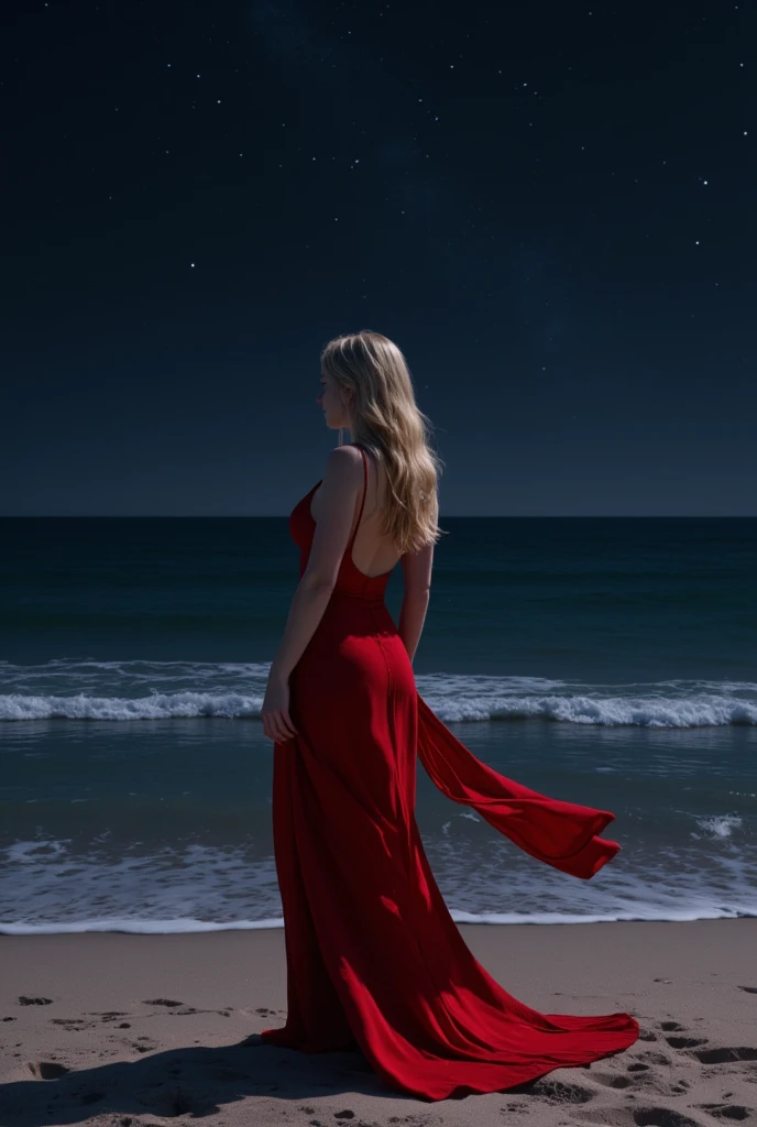 xcdd, 1girl, solo, dress, wading, star \(symbol\), long hair, skirt hold, water, red dress, bare shoulders, sky, night, glowing, blue eyes, standing, profile, bare arms, sparkle, strapless, braid, star \(sky\), strapless dress, from side, outdoors, night sky, looking away