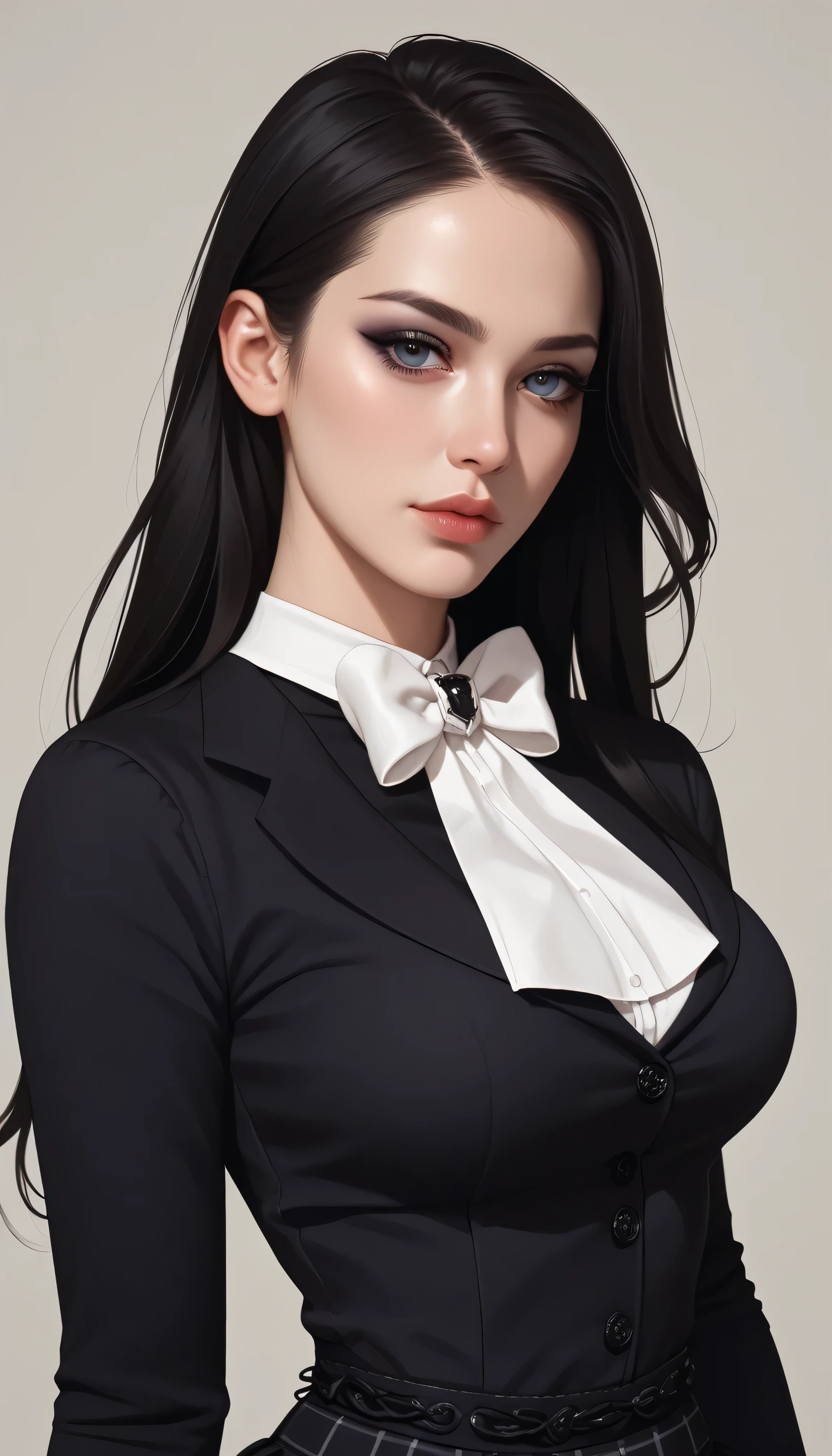 beautiful woman with medium breasts, long black hair with long sideburns, looking at viewer, seductive expression, half body portrait, wearing tight black long sleeve shirt and white bow tie, wearing black laced skirt, gothic makeup, grinning
