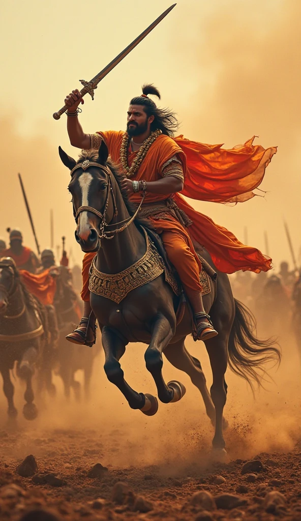 Create a sikh person wearing dumala , holding a sword & having a nice body and sitting on a horse fighting with Mughals.