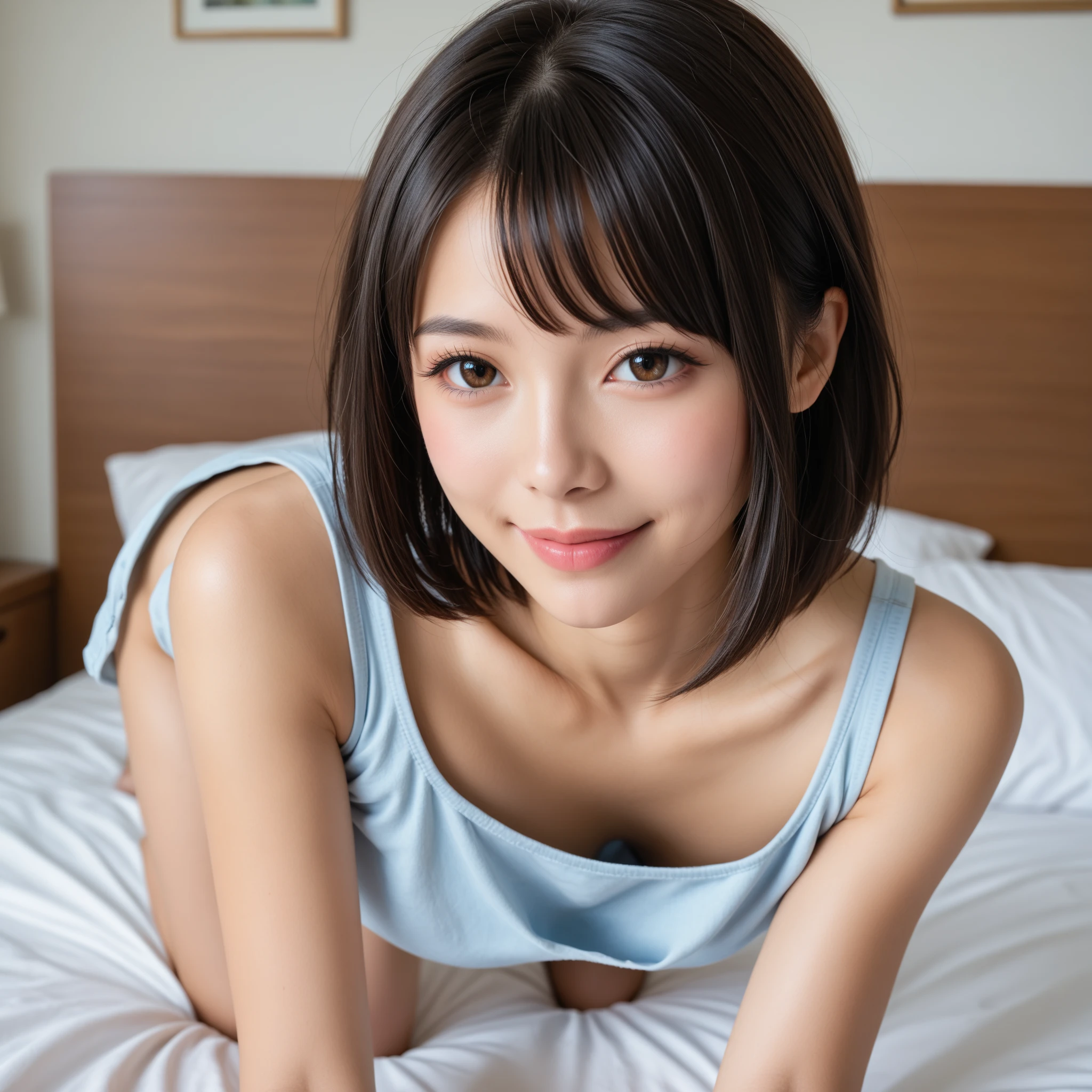Best-quality, Masterpiece, Ultra-High-Resolution, (Photorealistic:1.4), Raw-Photo, 1girl, 15-years-old, the most popular Japanese idol, at bedroom, innocent-smile, extremely beautiful skins, extremely beautiful big-black-eyes, extremely cute face like the most famous Japanese idol, extremely beautiful black-short-cut-haired, extremely beautiful long-eyelashes, extremely beautiful lips