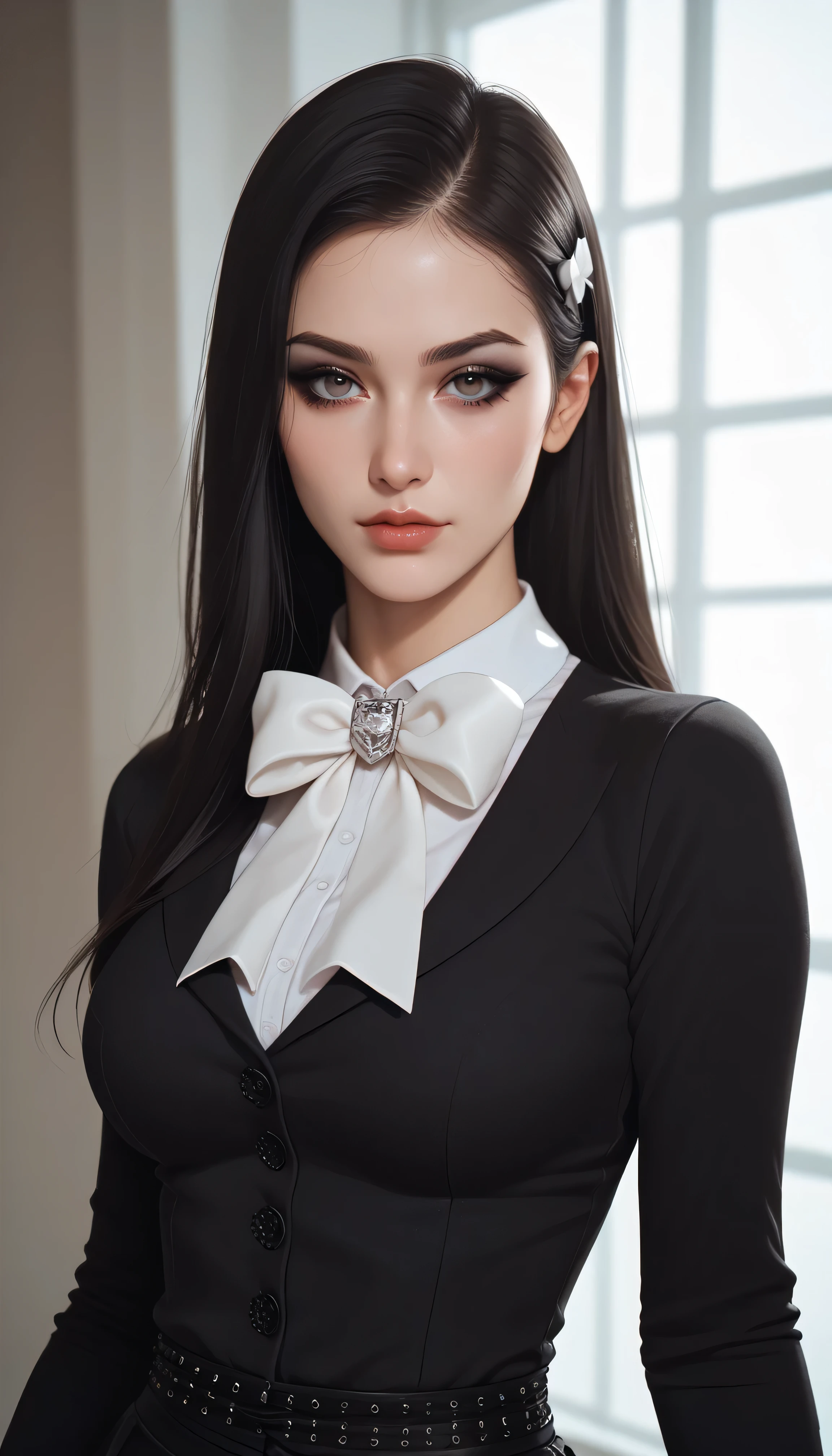 beautiful woman with medium breasts, long black hair with long sideburns, looking at viewer, seductive expression, half body portrait, wearing tight black long sleeve shirt and white bow tie, wearing black laced skirt, gothic makeup, grinning