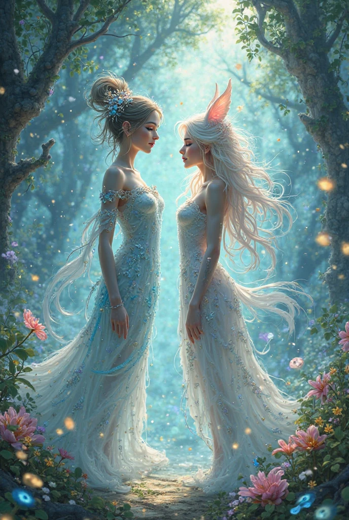 (two subjects)(complex details)(a very high quality,4k,8k,highres,masterpiece:1.2), ultra-detailed, realistic, photorealistic:1.37, HDR, UHD, studio lighting, extreme detail description, professional, vivid colors, bokeh, portraits, landscape, fantasy, sexy, Malaysian, damsel, hijab, sheer, open, translucent dress, big breasts, cute face, unshaved pubic area, pets, kisses, fantasy unicorn, elven glade, moonlight