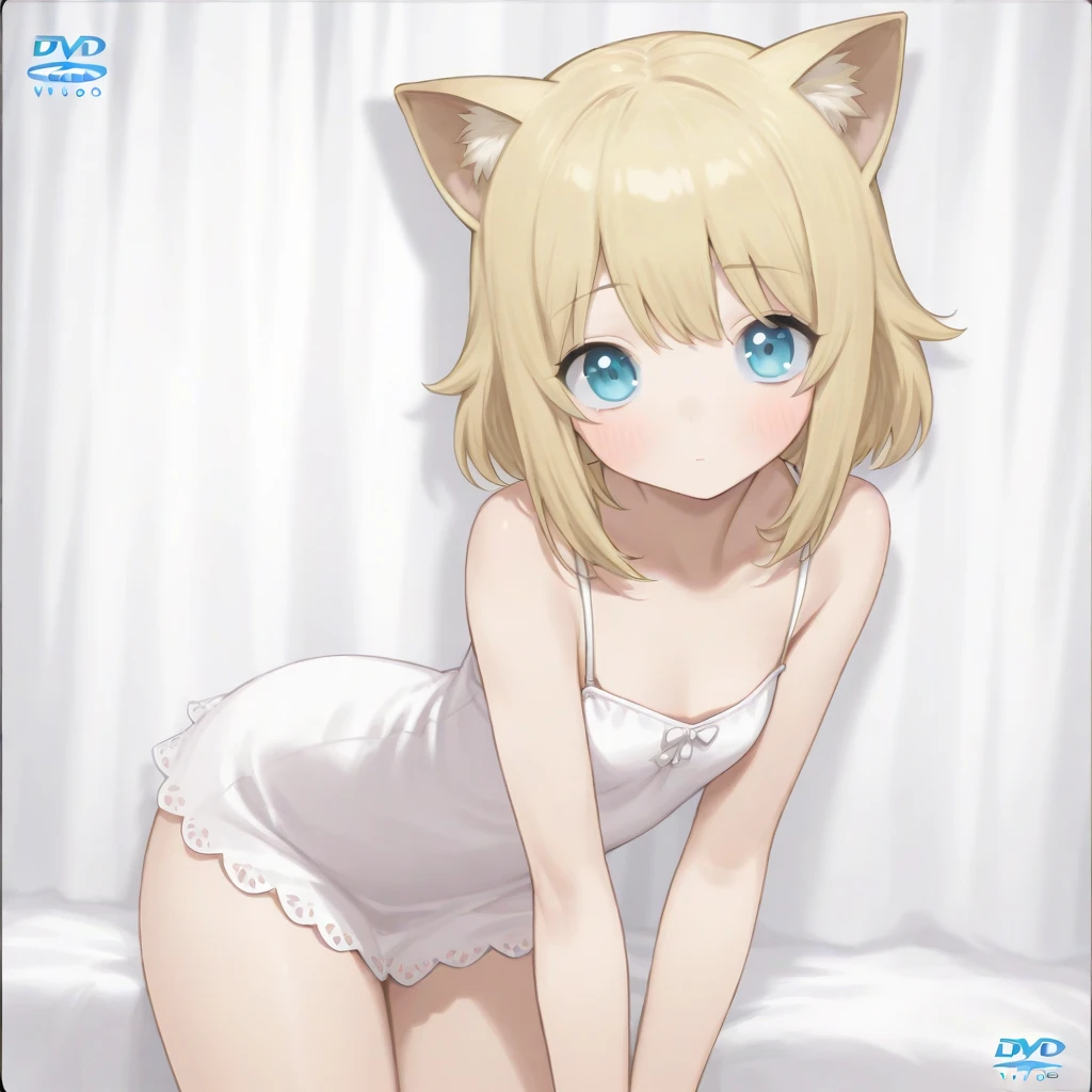 Fox ears, fox tail, blonde hair, short hair, blue eyes, blush, large breasts, lingerie, lace lingerie, on bed, bedroom, snow, night, looking at viewer, 
